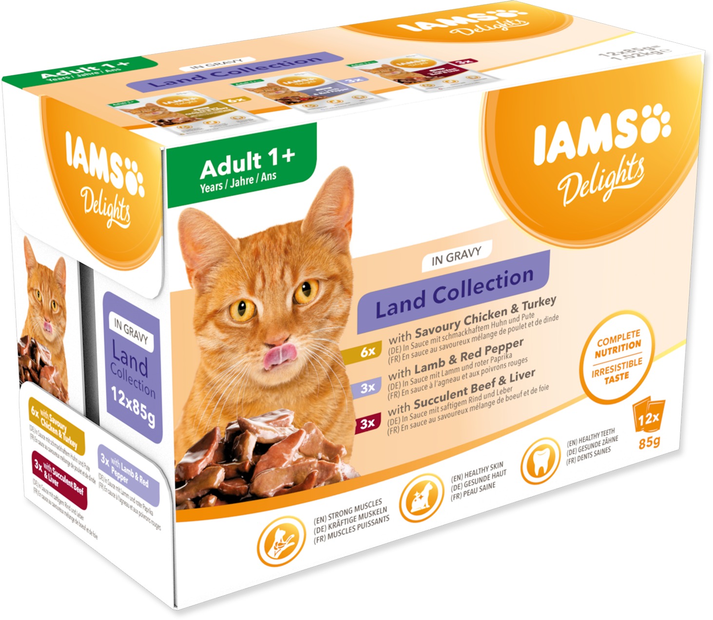 IAMS Delights pre dospelé mačky s hydinovým, jahňacím a hovädzím mäsom v omáčke 12× 85 g