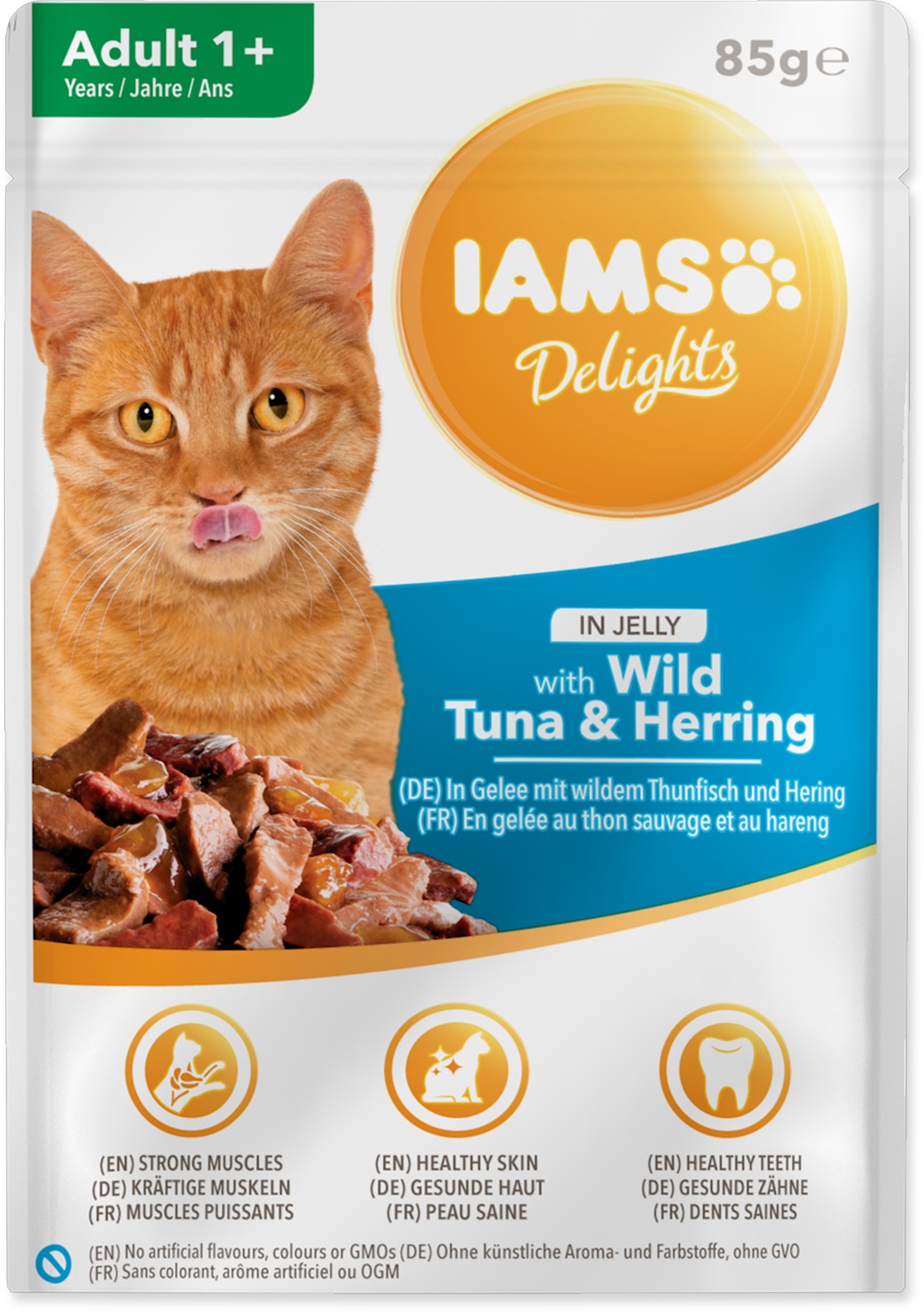 IAMS Delights pre dospelé mačky – s tuniakom a sleďom v želé 85 g