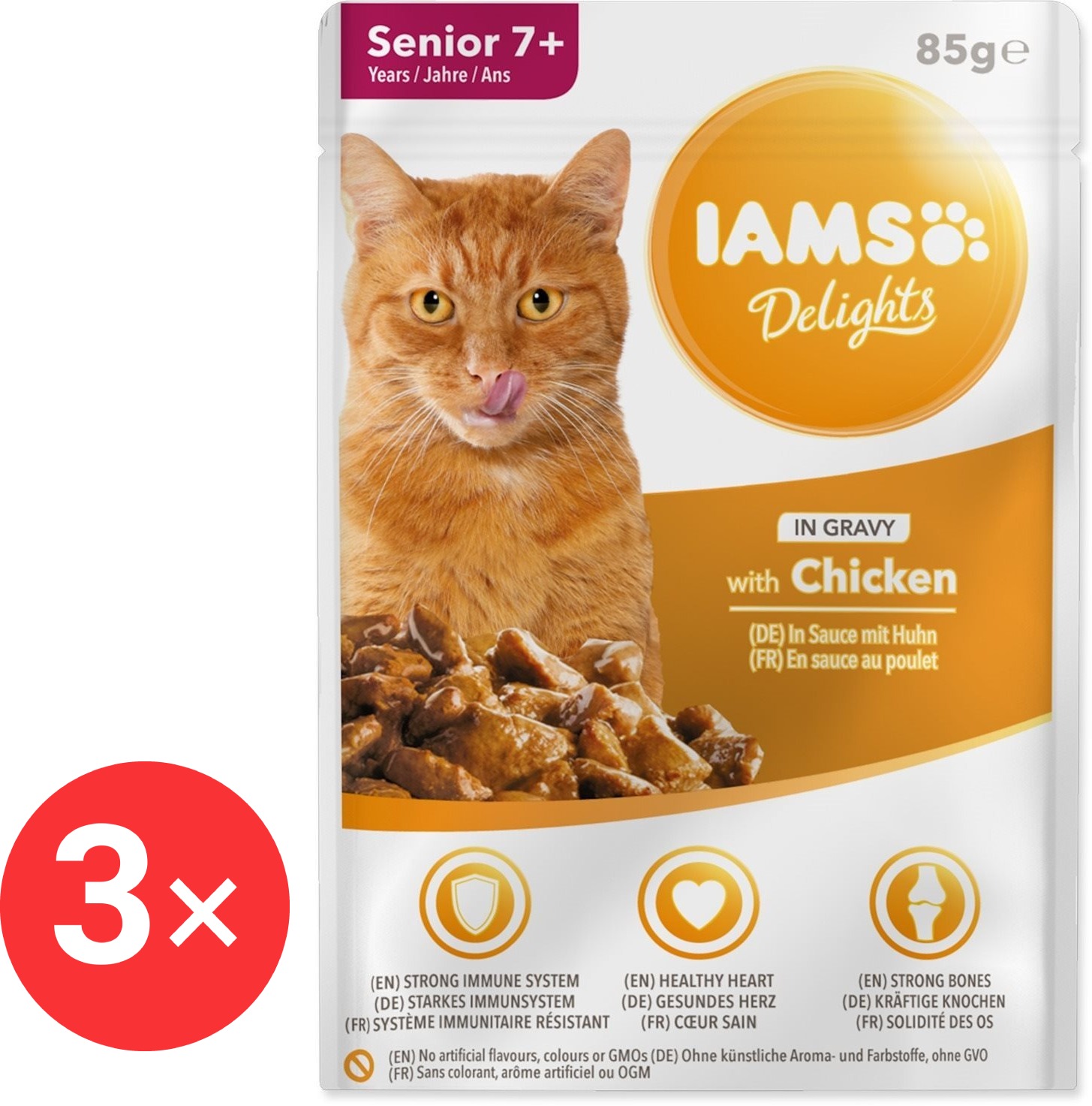 IAMS Delights pre mačacích seniorov – s kuracím v omáčke 3× 85 g