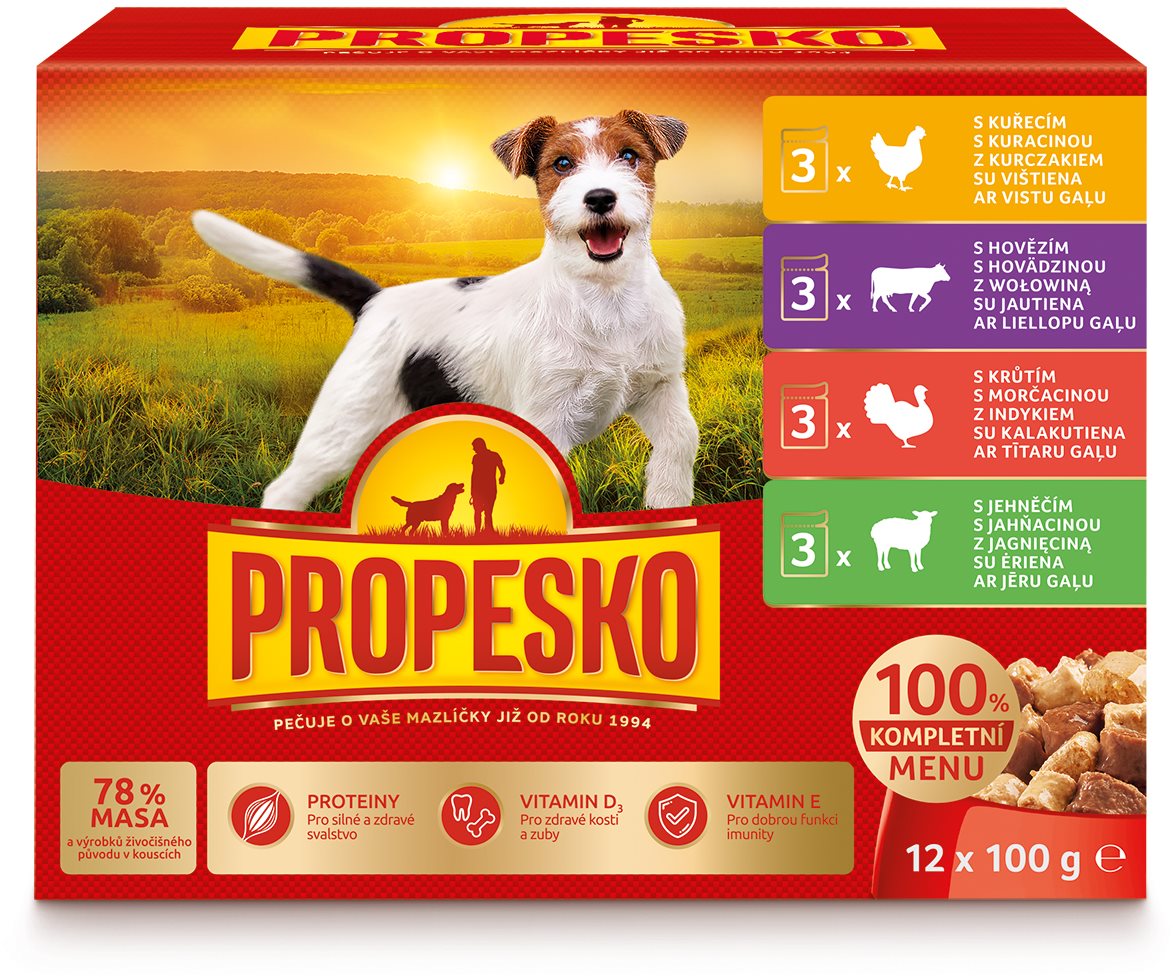 Propesko vrecko pes kura + hovädzie + morka + jahňa 12 × 100 g