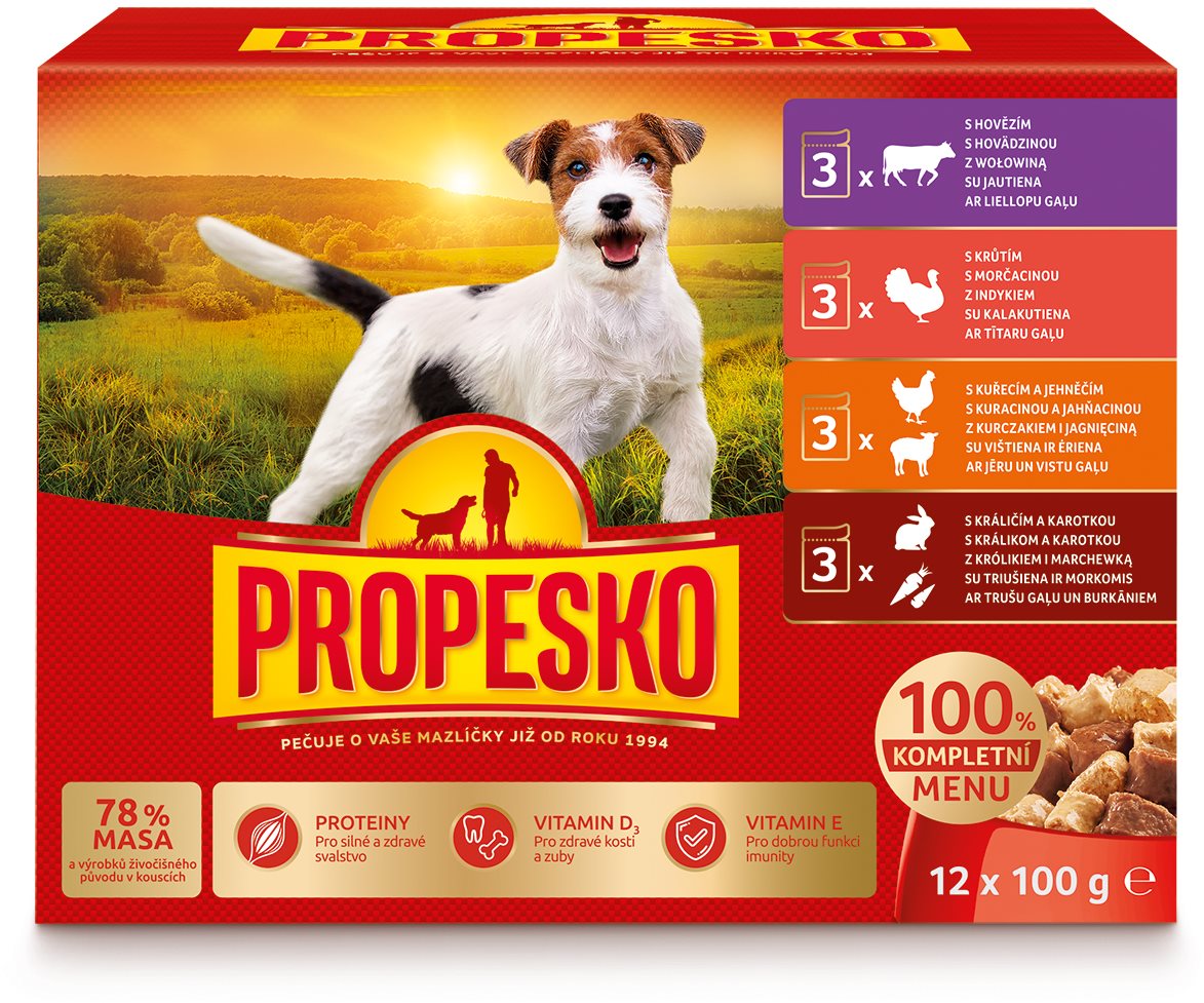 Propesko vrecko pes kura/jahňa, morka, králik/mrkva, hovädzie 12 × 100 g