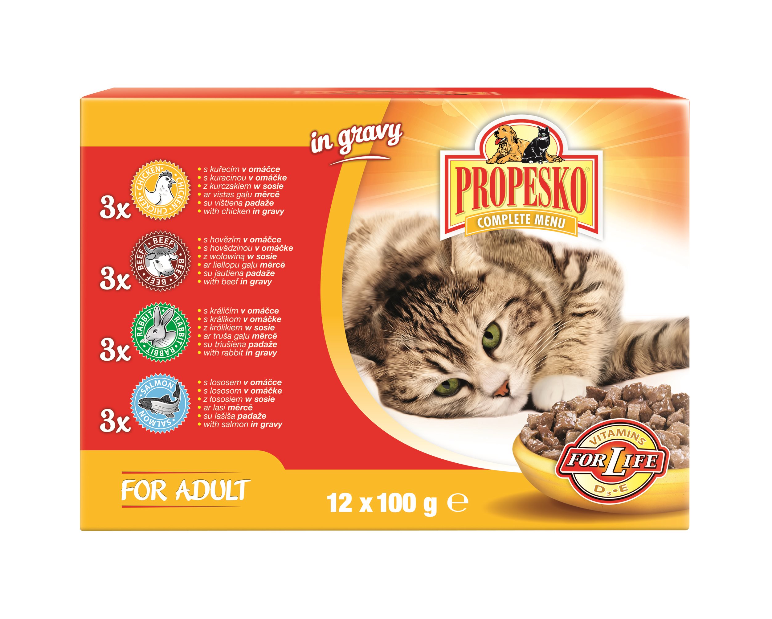 Propesko kapsičky pre mačky s kuracím, hovädzím, králičím a lososom v omáčke 12× 100 g
