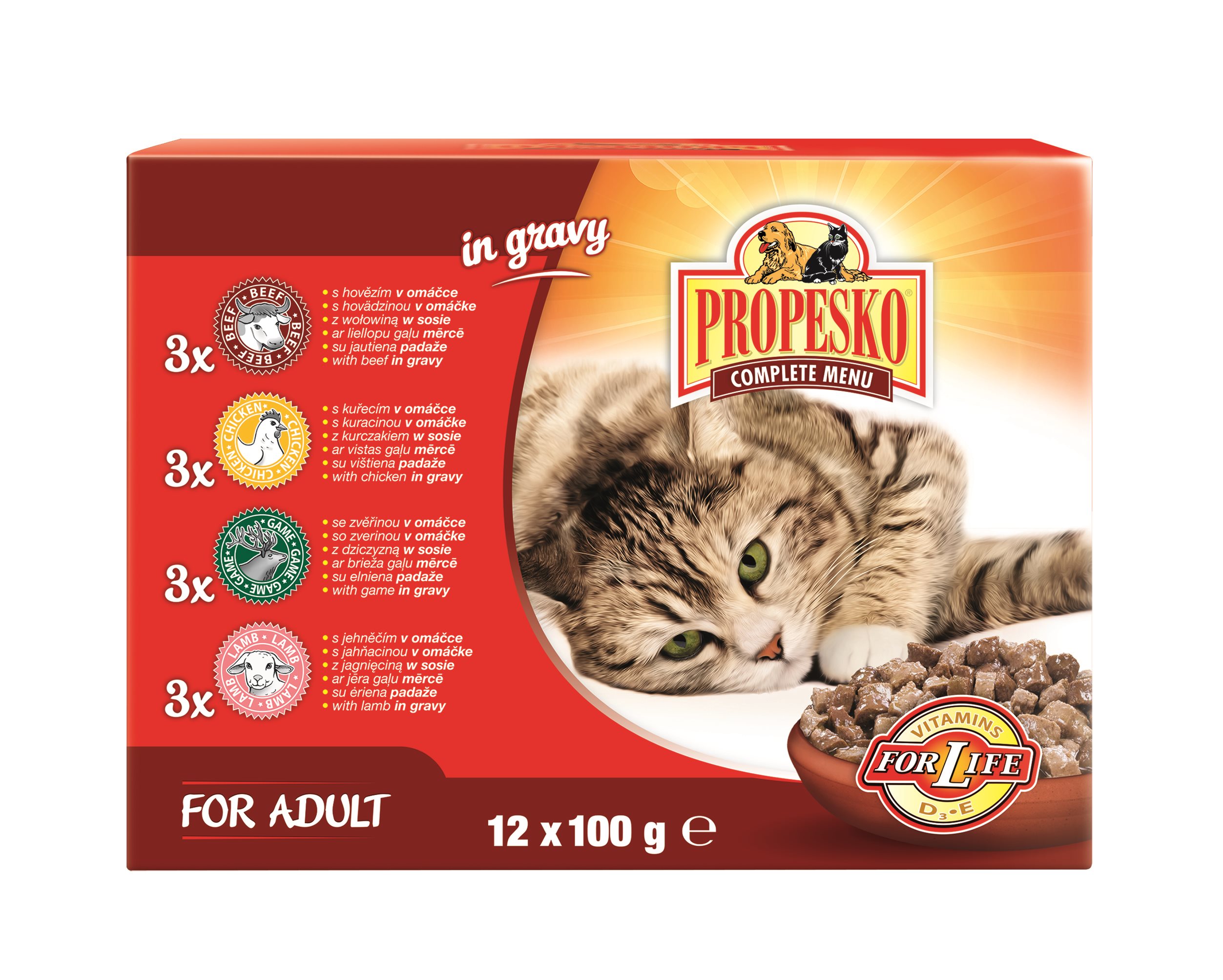 Propesko kapsičky pre mačky s kuracím, hovädzím, divinou a jahňacím v omáčke 12× 100 g