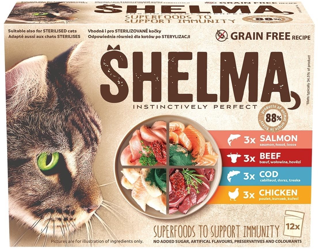 Shelma kapsička pre mačky 2× mäso, 2× ryba 12× 85 g