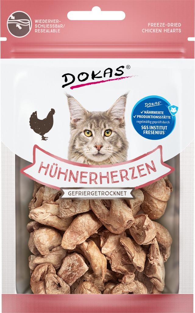 Dokas – Mrazom sušené kuracie srdiečka pre mačky 15 g