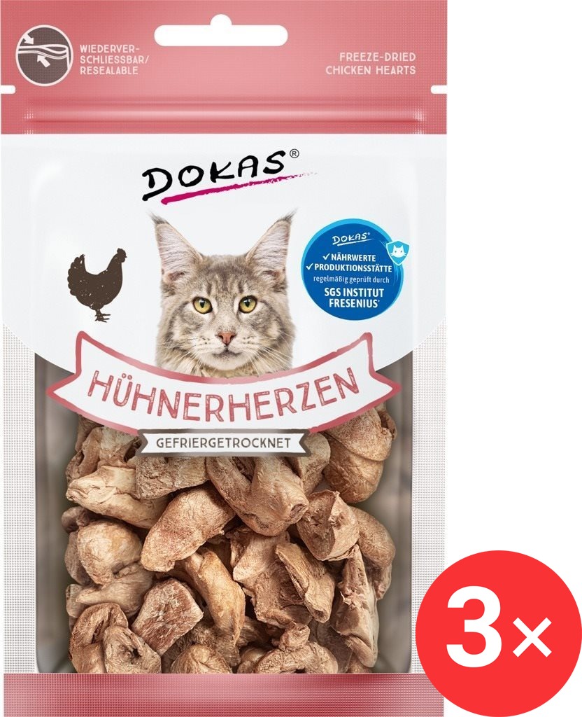 Dokas – Mrazom sušené kuracie srdiečka pre mačky 3× 15 g
