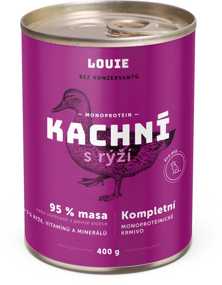 Louie Kompletné krmivo – kačacie (95 %) s ryžou (5 %) 400 g