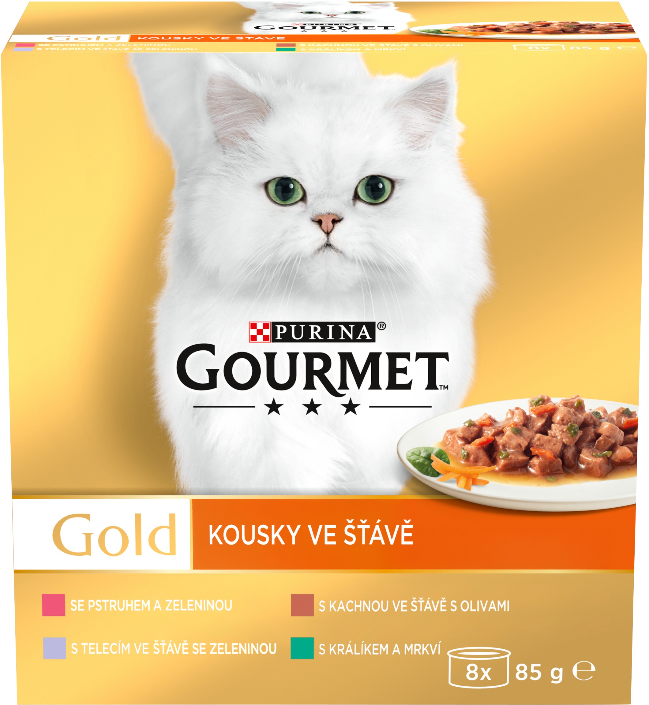 Gourmet Gold konzervy pre mačky kačica, pstruh, králik, teľacie v šťave 8× 85 g