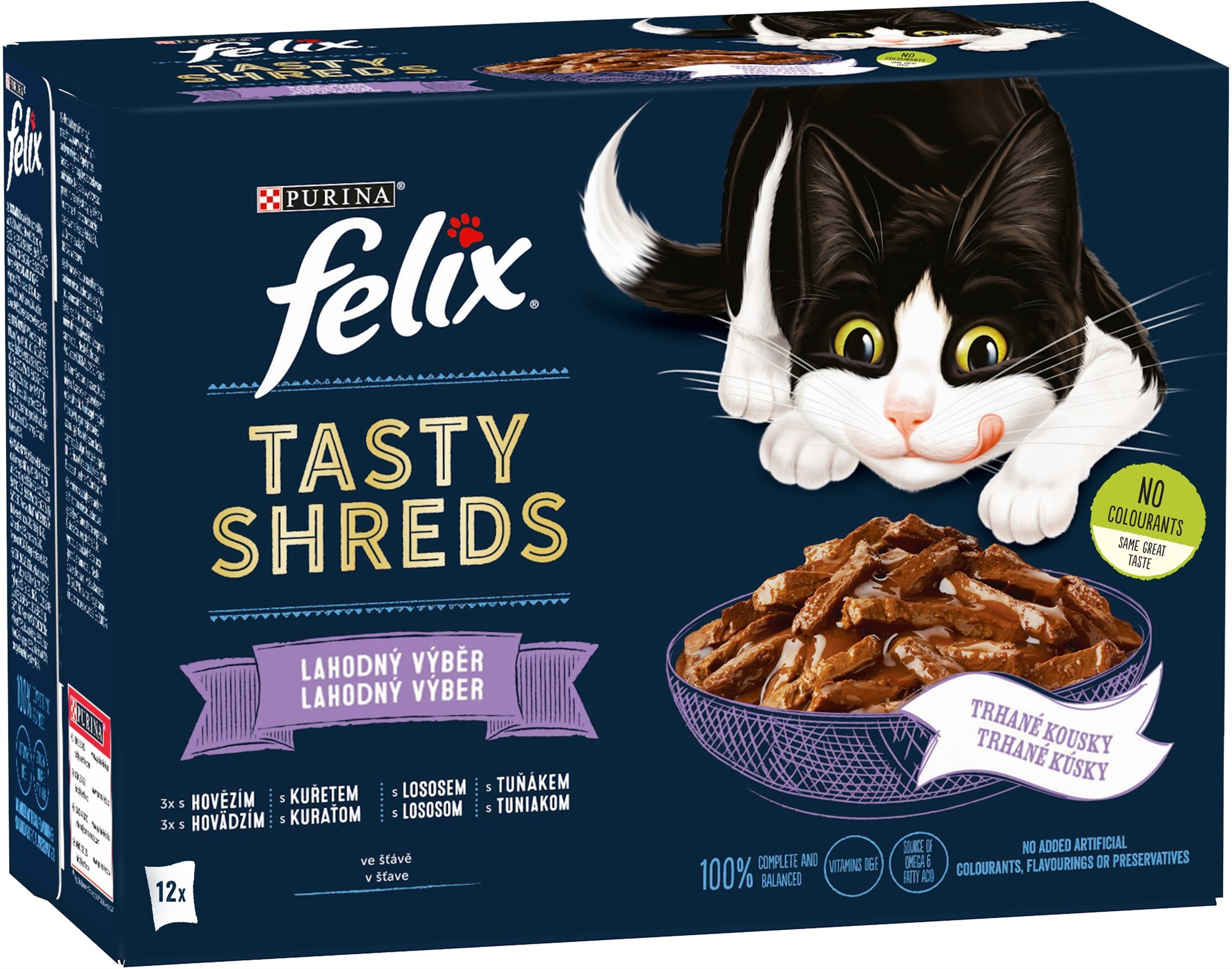 Felix Tasty Shreds kapsičky pre mačky hovädzie, kura, losos, tuniak v šťave 12× 80 g