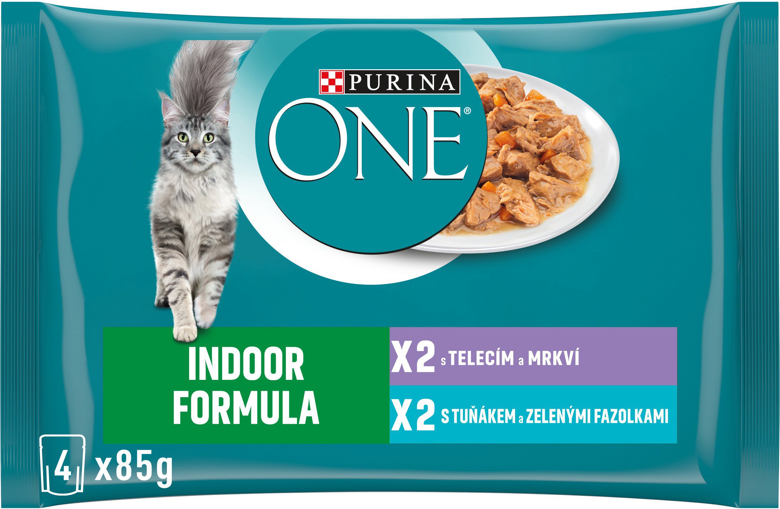 Purina ONE Indoor kapsičky pre mačky tuniak, teľacie v šťave 4× 85 g