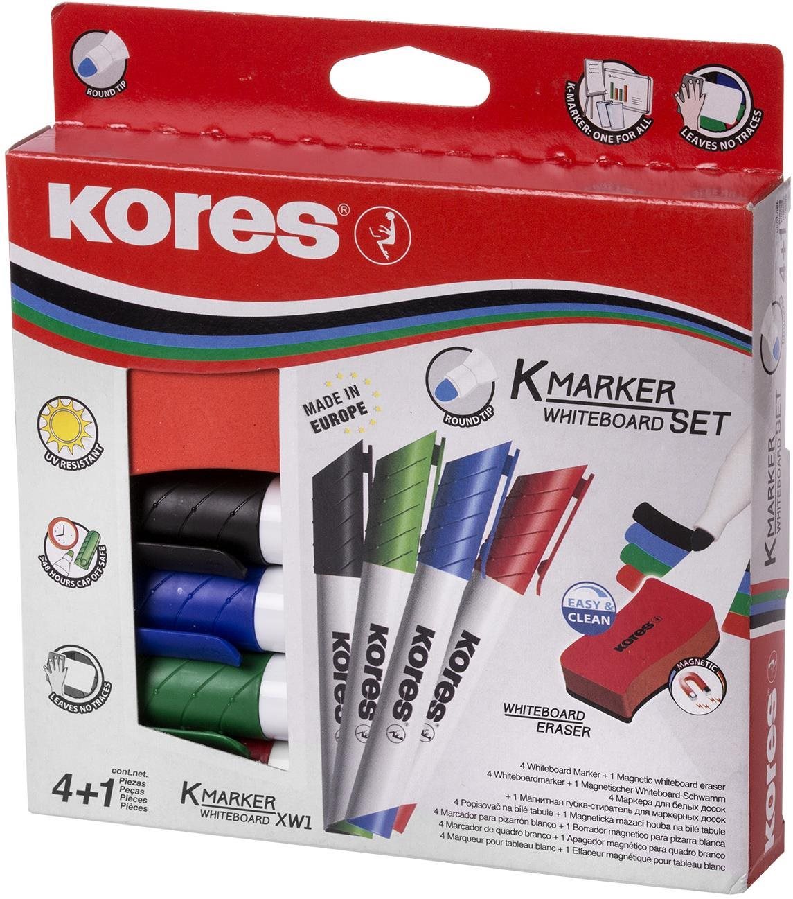 KORES K-MARKER SADA 4 farieb na biele tabule a flipcharty + magnetická hubka