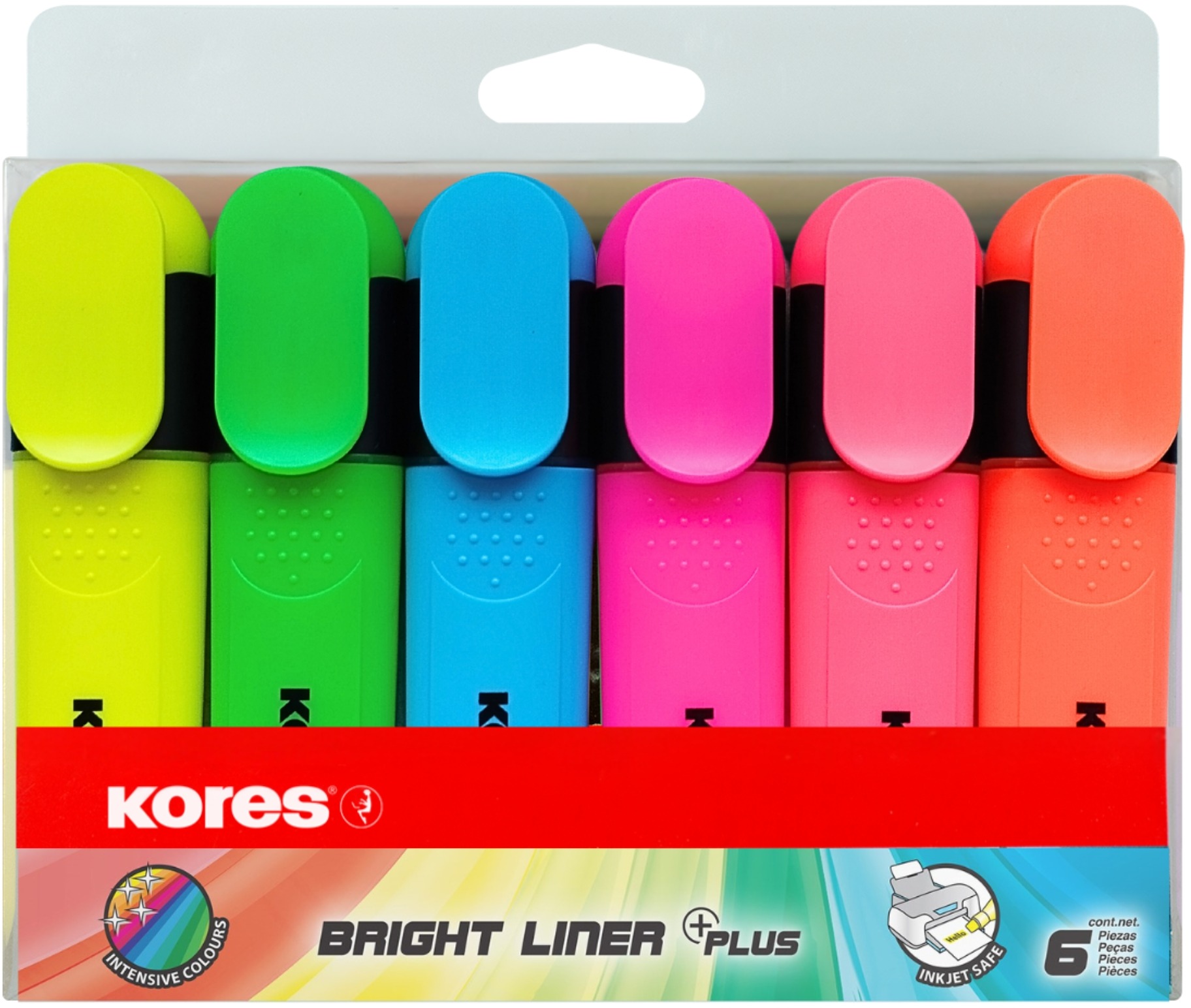 KORES BRIGHT LINER PLUS sada 6 farieb (žltá, zelená, ružová, oranžová, modrá, červená)