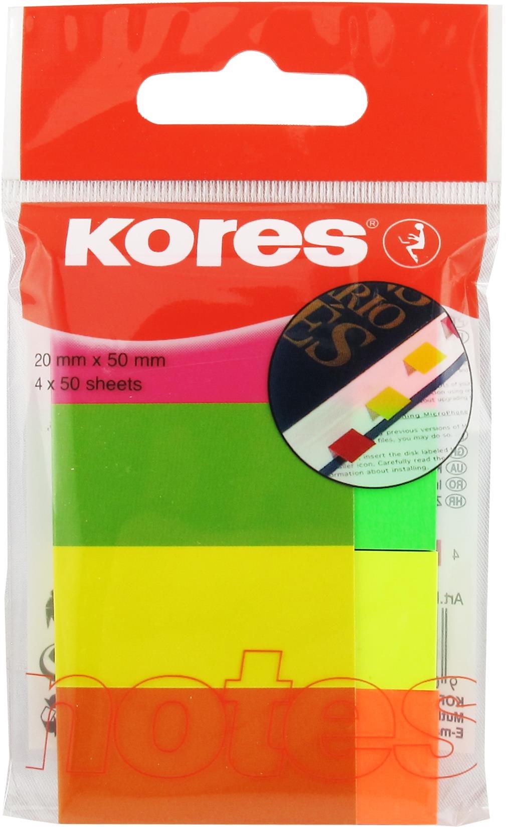 KORES papierové záložky 20 × 50 mm, 4× 50 lístkov, neónový mix