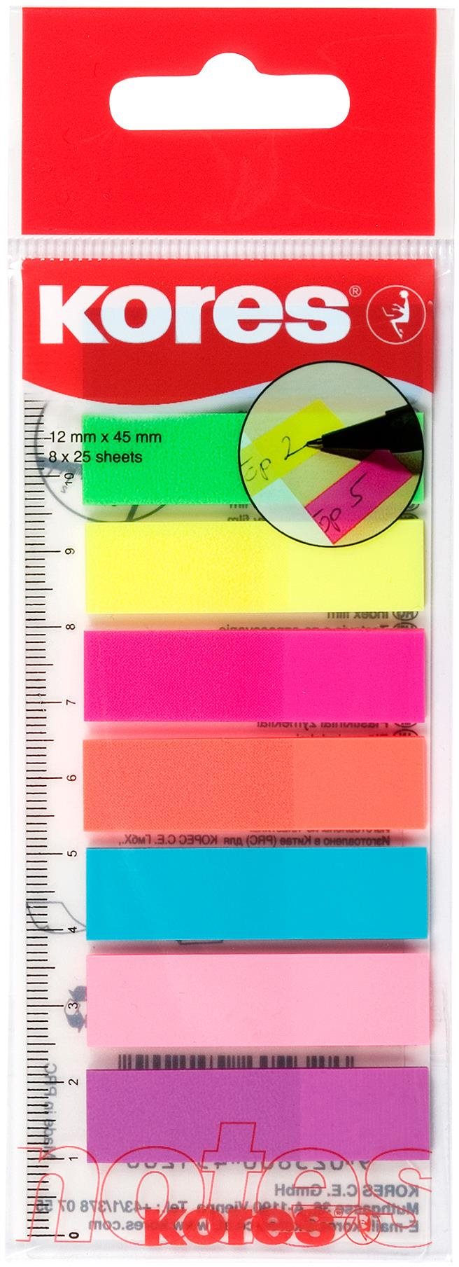 KORES Index Strips na pravítku 45 × 12 mm, 8× 25 lístkov, neónový mix