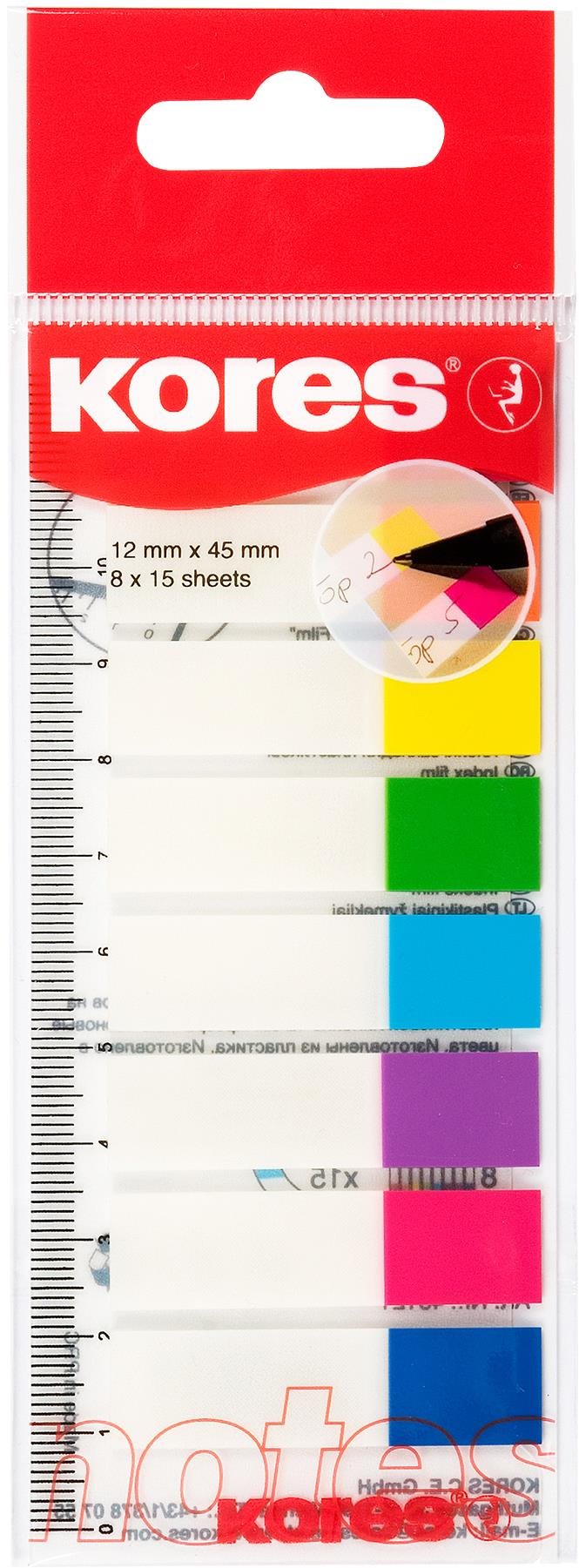 KORES popisovací Index Strips na pravítku 45 × 12 mm, 8× 15 lístkov, mix farieb