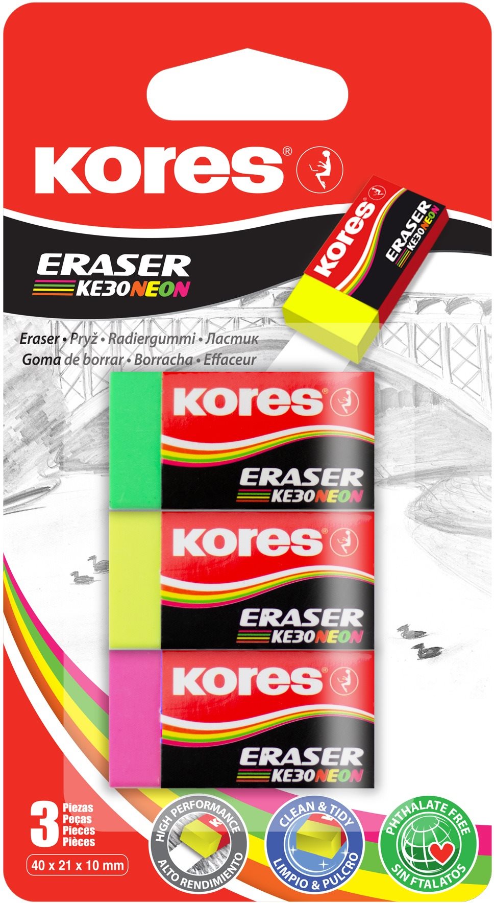 KORES KE30 40 × 21 × 10 mm, farebný mix neón – balenie 3 ks