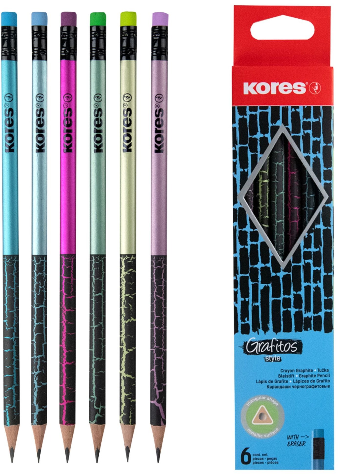 KORES Grafitos Style Metalic Cracked HB, trojhranná - súprava 6 ks
