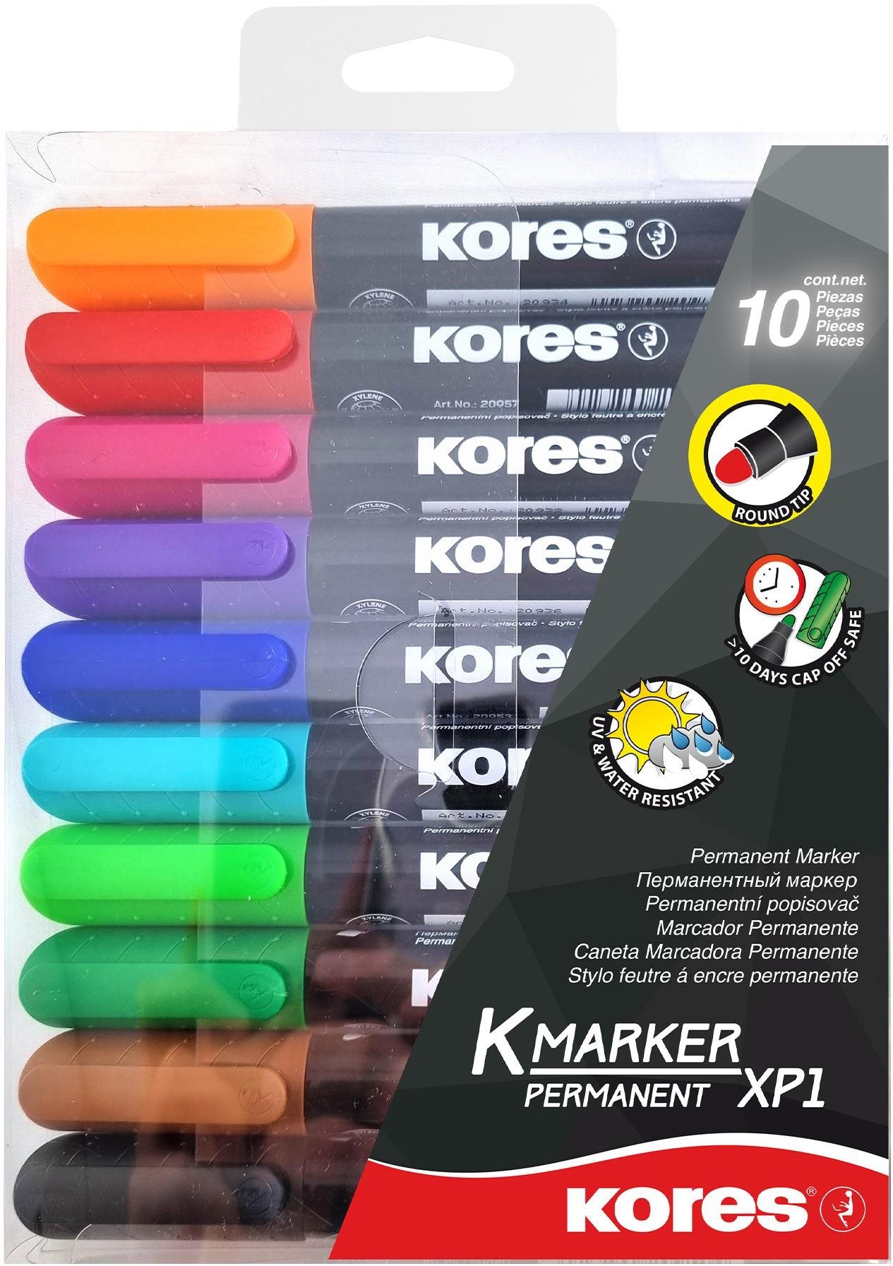 KORES K-MARKER permanentný, guľatý hrot 3 mm – sada 10 farieb