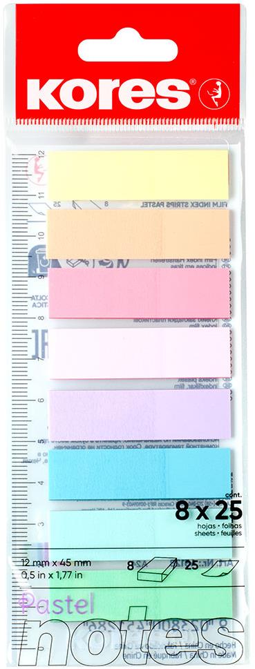 KORES Index Strips na pravítku Pastel 45 × 12 mm, 8 × 25 lístkov, pastelový mix