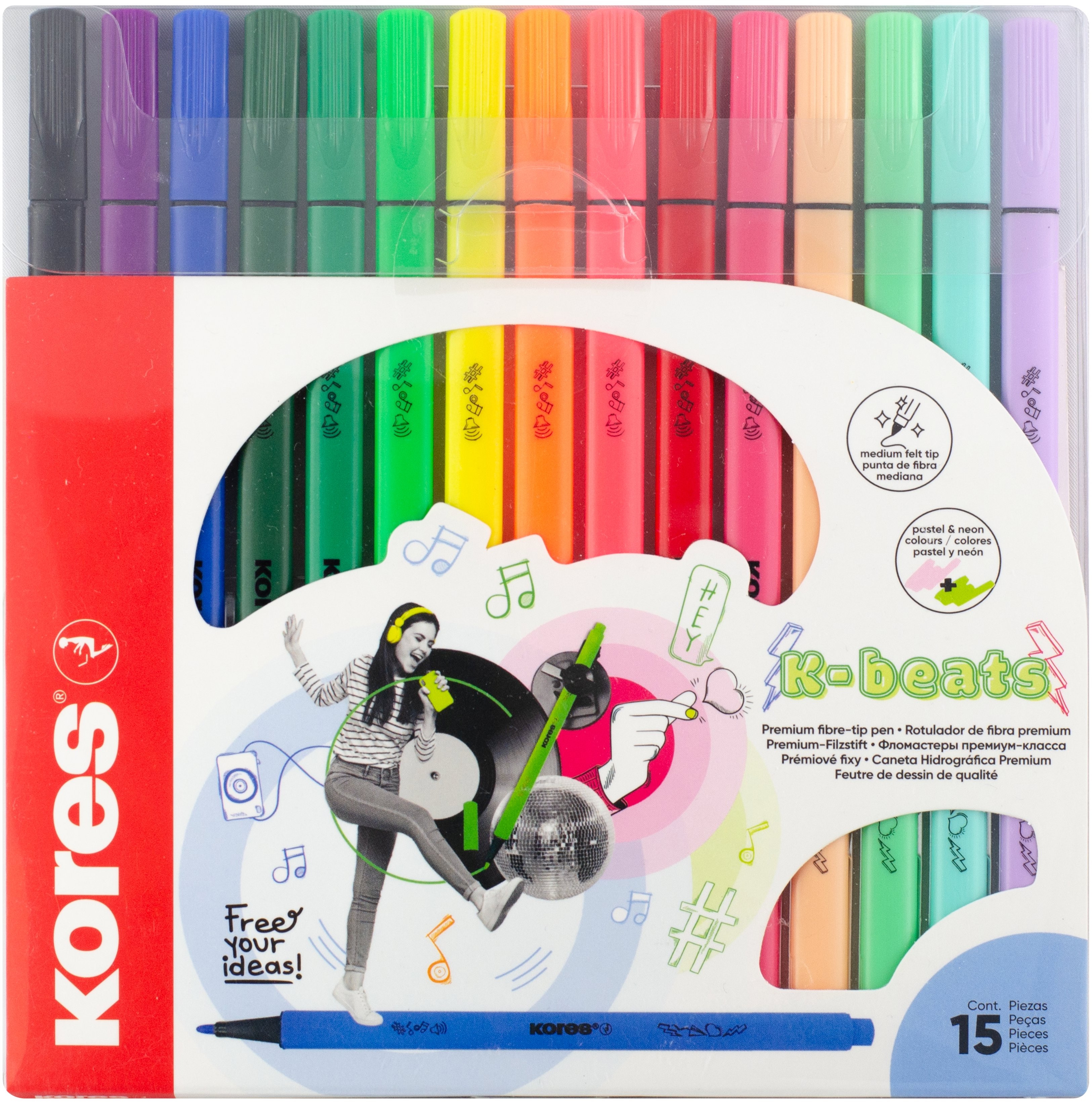 KORES K-Beats, stredný hrot – súprava 15 farieb