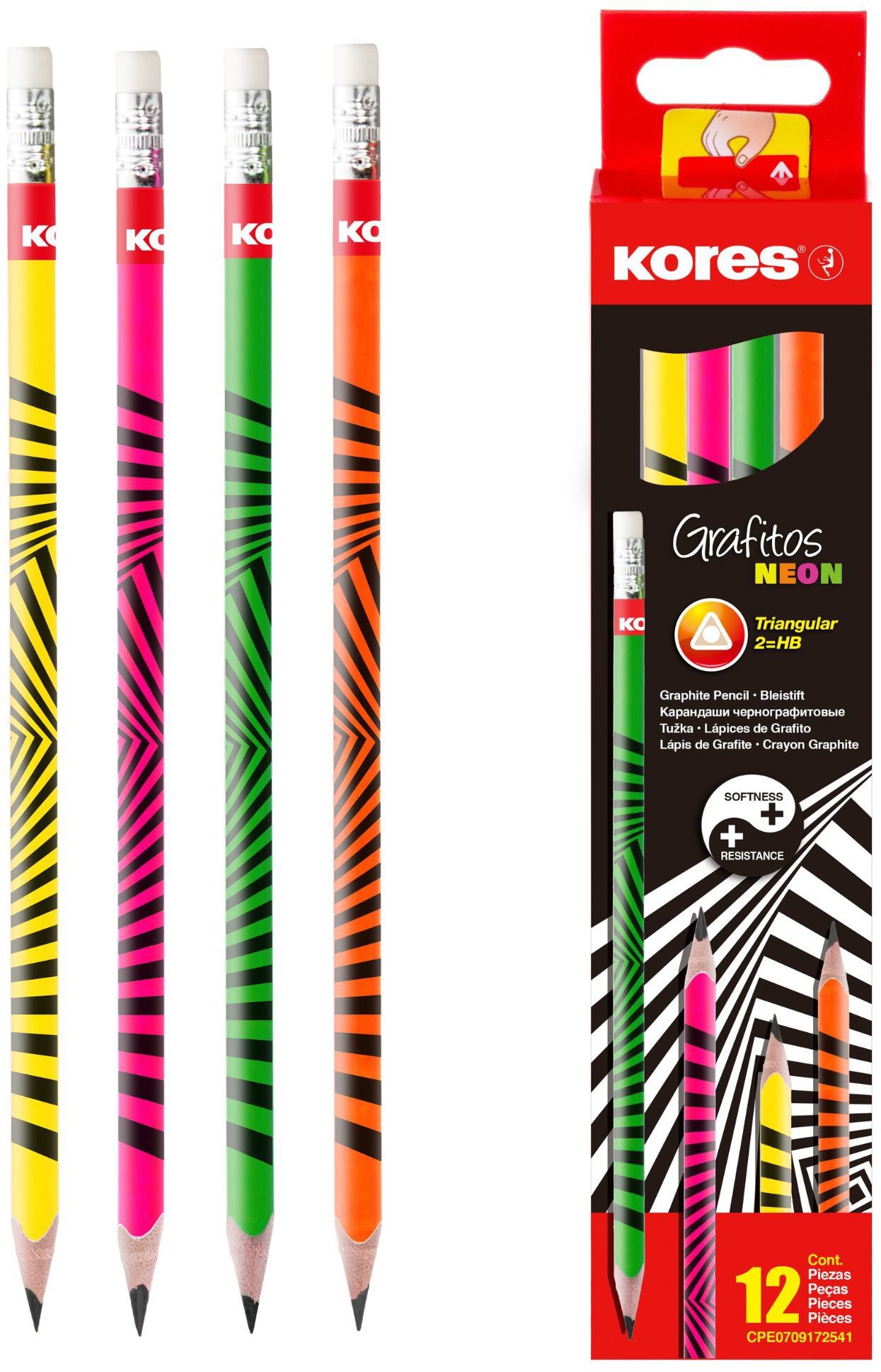 KORES Grafitos Neon, trojhranná HB, s bielou gumou – balenie 12 ks