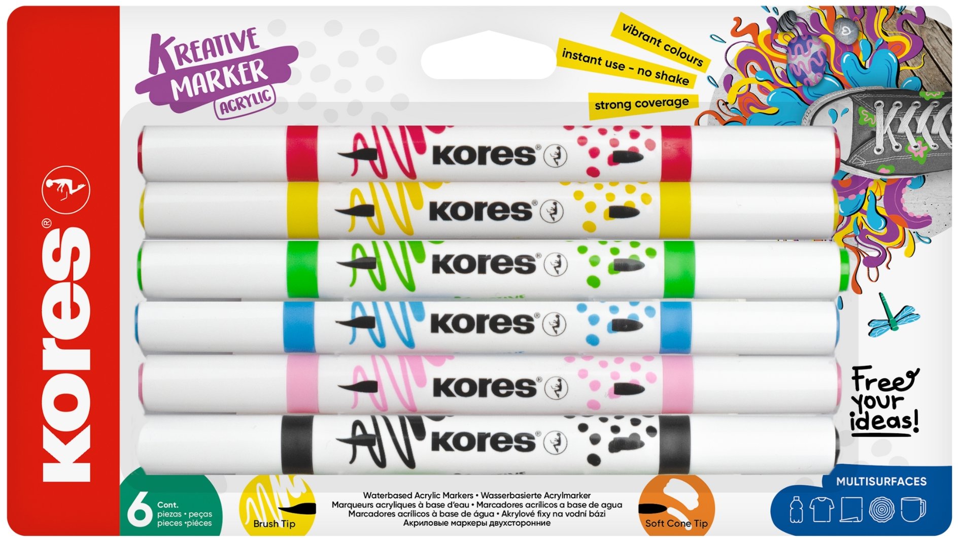 KORES Kreative Marker akrylové, obojstranný hrot 2 v 1 (štetcový a kónický) – sada 6 farieb