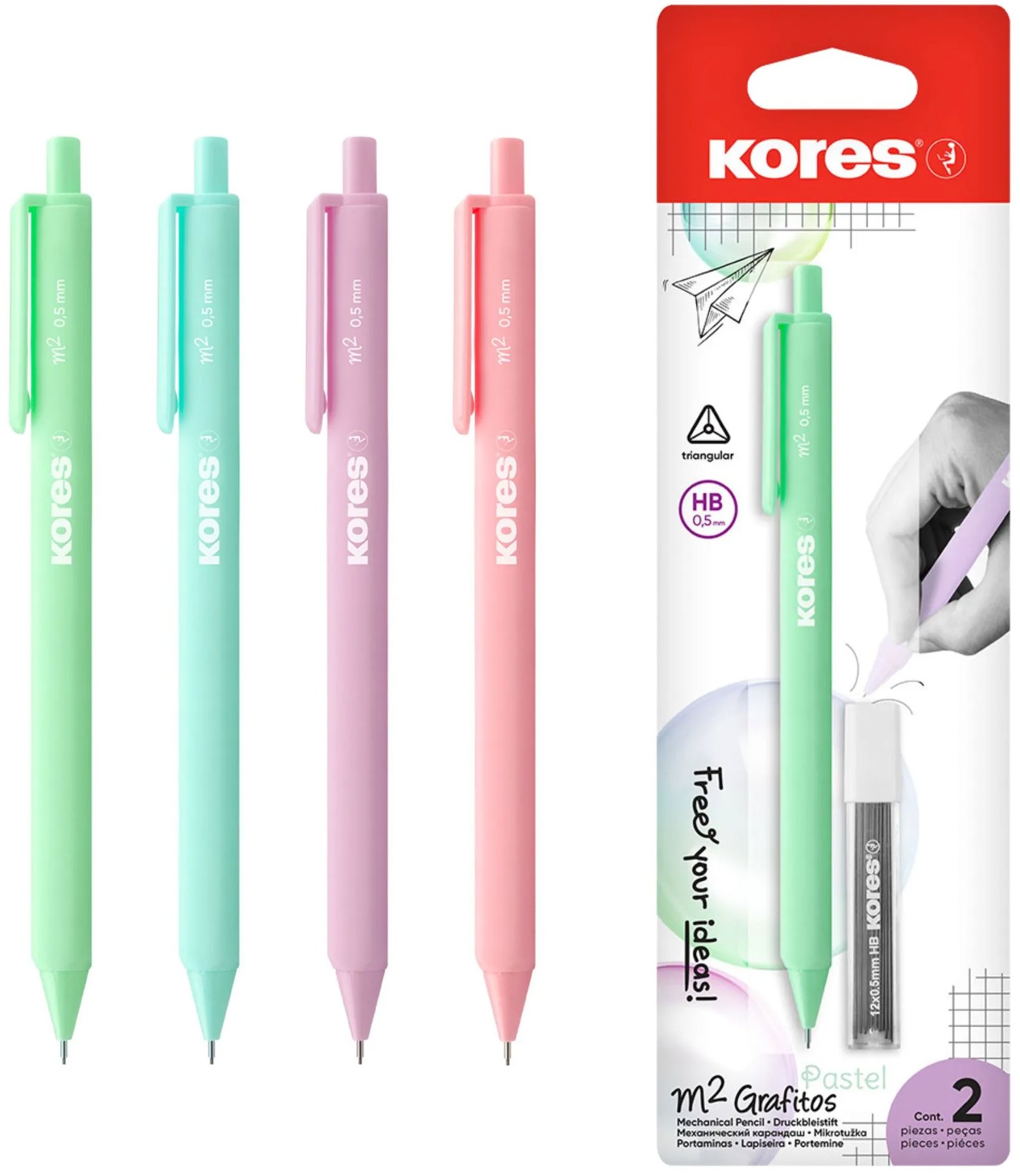 KORES Grafitos M2 s náhradnými tuhami, 0,5 mm, mix pastelových farieb (1 ks)