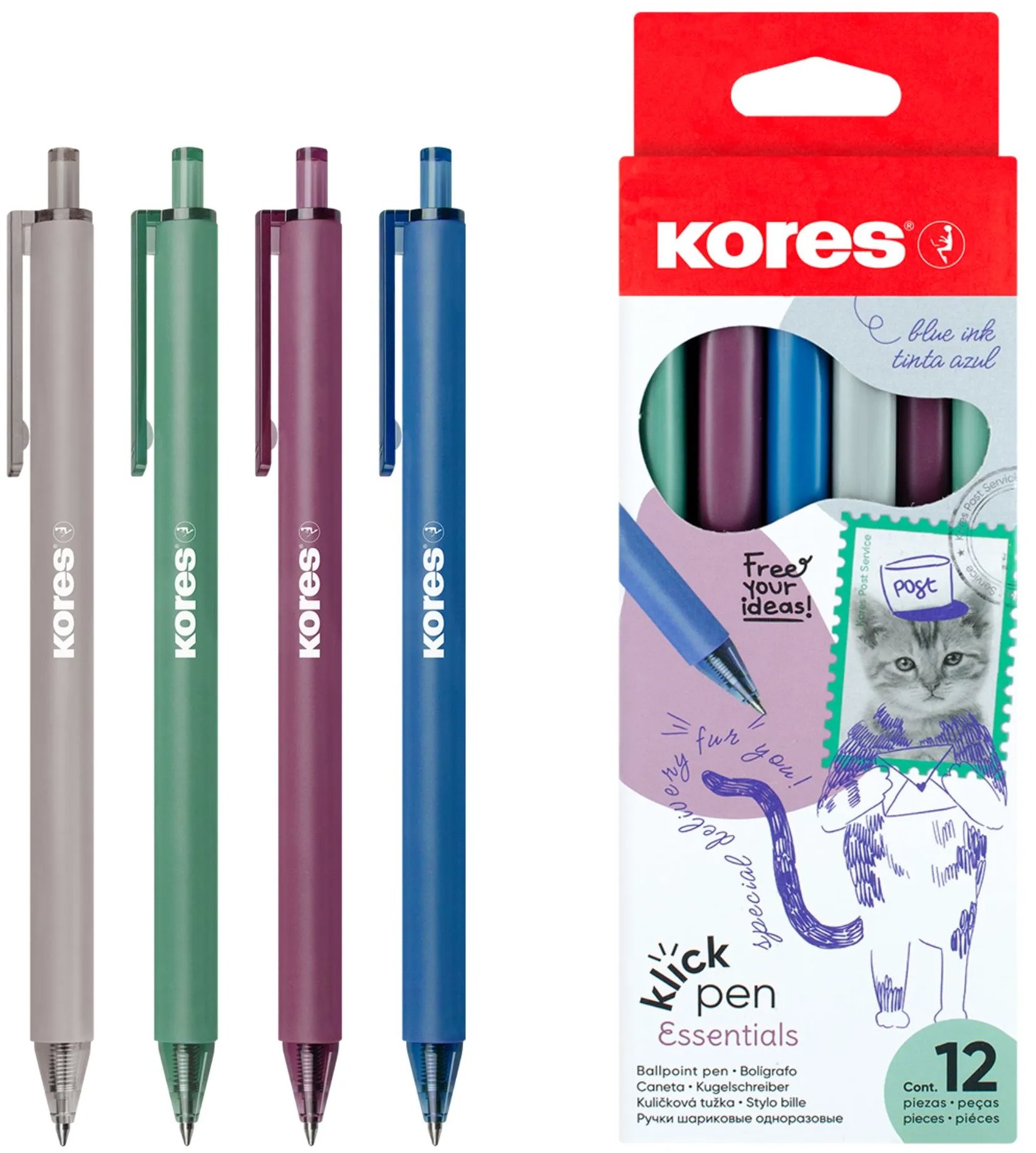 KORES Klick Pen Essentials, stláčacie – balenie 12 ks (4 vintage farby)