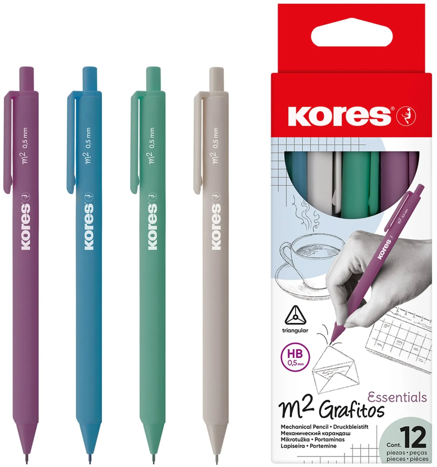 KORES M2 Grafitos Essentials HB, trojhranná - balení 12 ks (mix vintage barev)