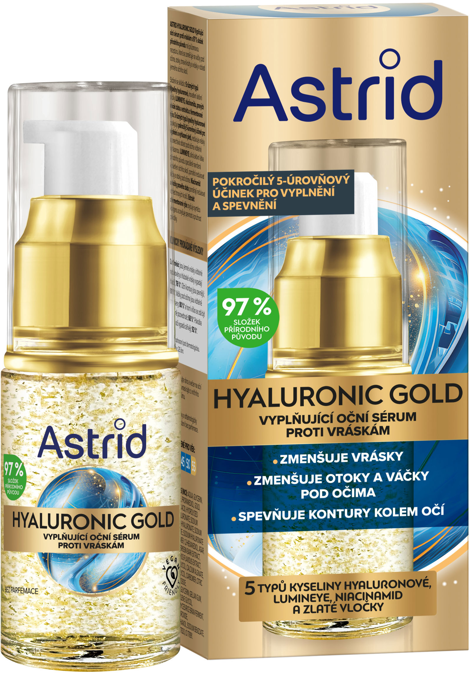 ASTRID Hyaluron Gold – Vyplňujúce očné sérum s niacínamidom a zlatými vločkami, 15 ml