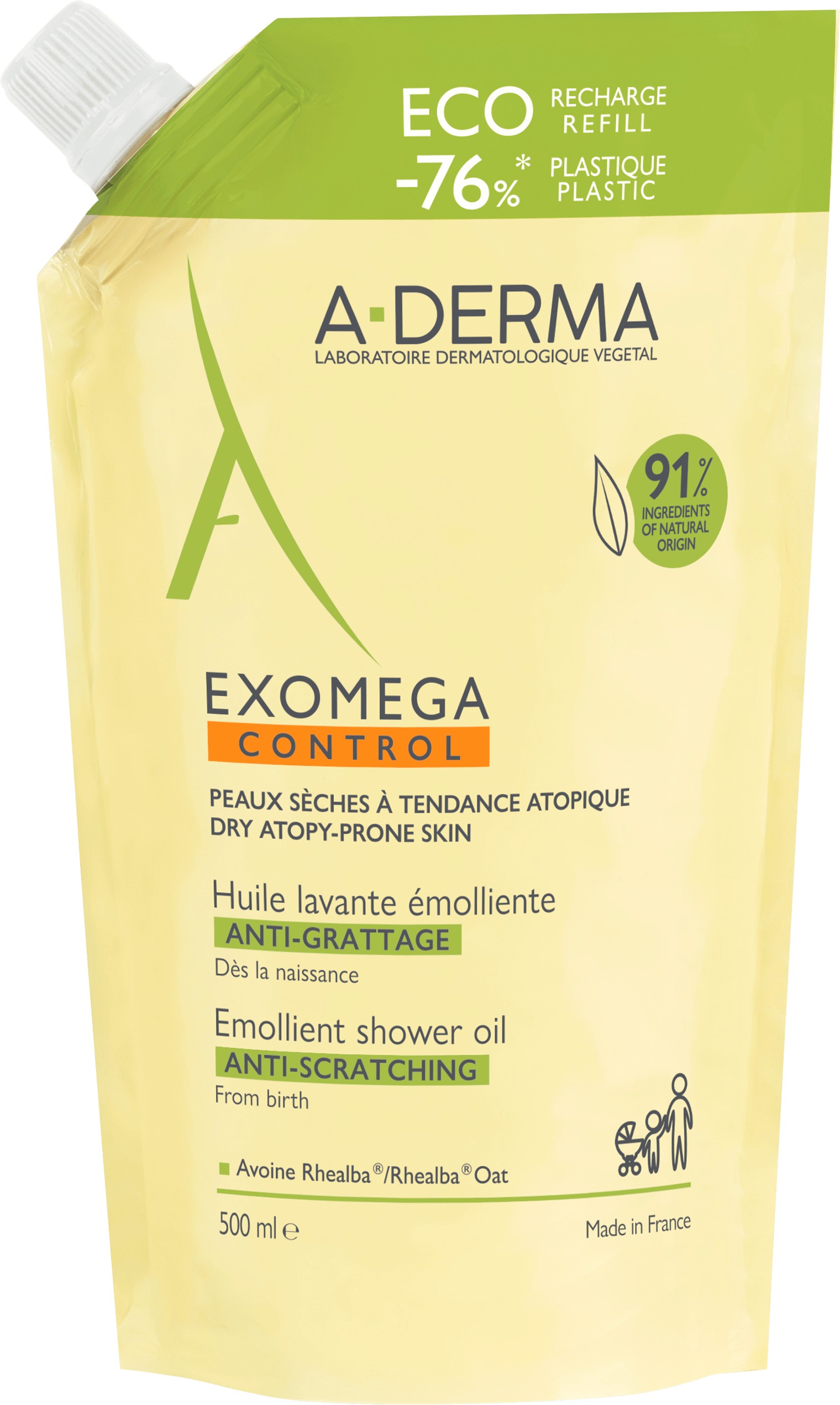 A-DERMA Exomega Control Zvláčňujúci sprchový olej – Recyklovateľná ECO náhradná náplň 500 ml