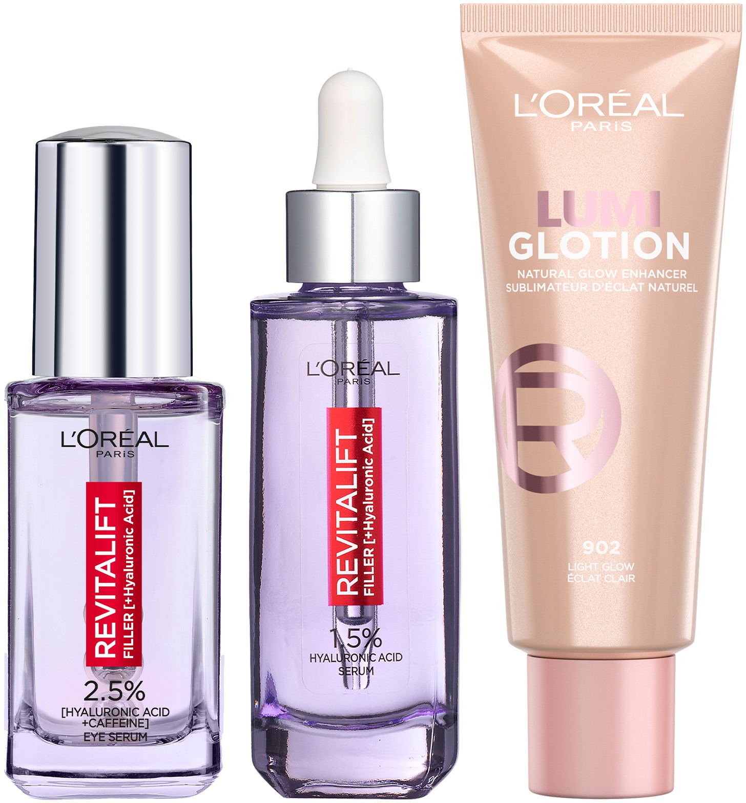 L'ORÉAL PARIS Revitalift Filler 30 ml + Očné sérum 20 ml + Lumi Glotion 902 Light Glow 40 ml