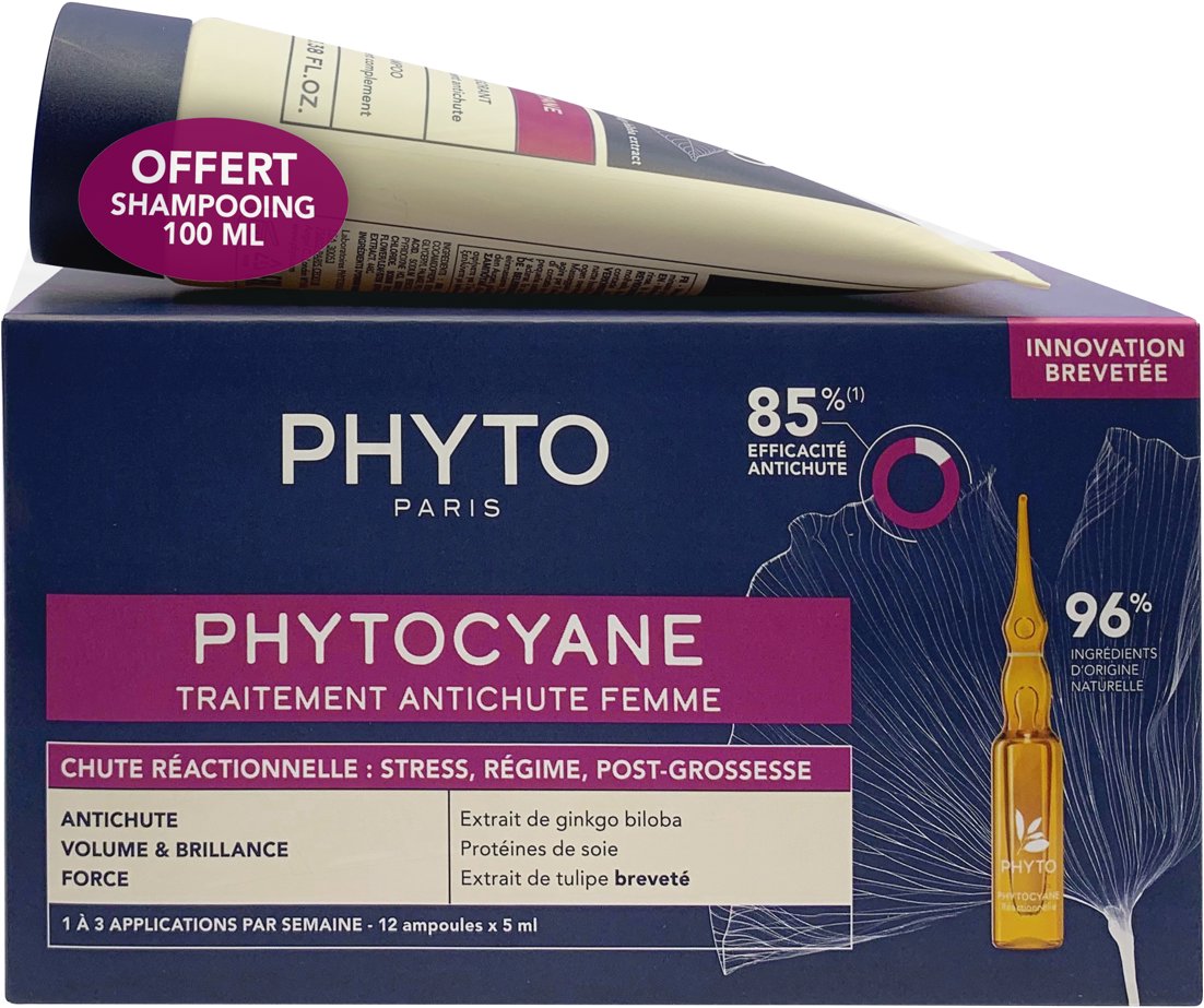 PHYTO Phytocyane Starostlivosť proti reakčnému vypadávaniu vlasov pre ženy 12× 5 ml + Šampón proti vypadávaniu vlasov 100 ml