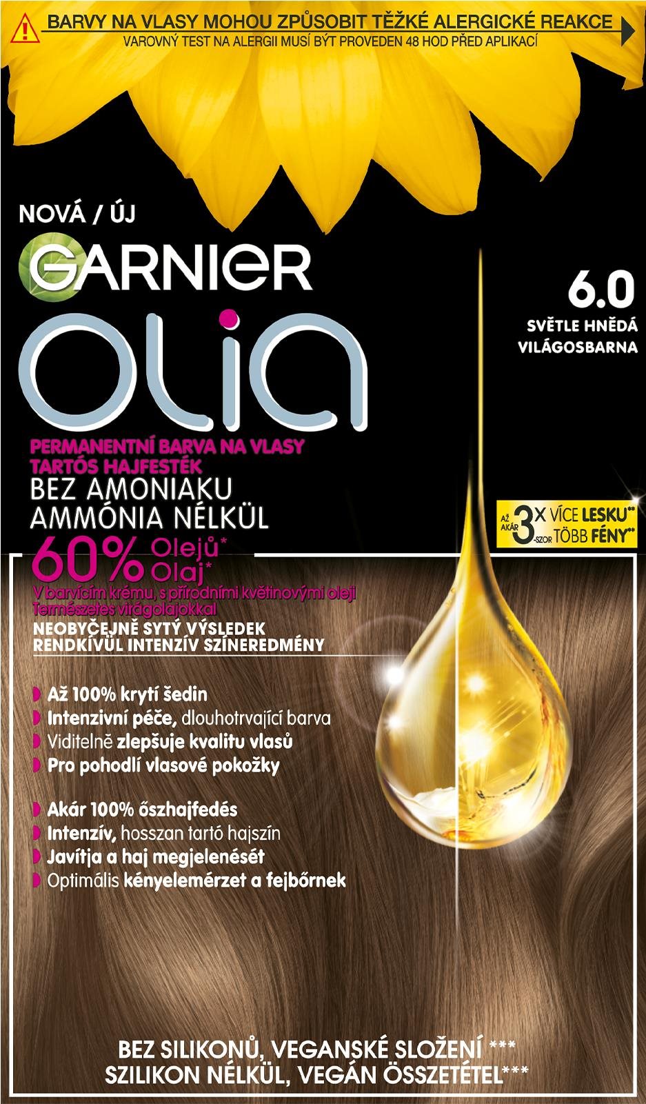 GARNIER Olia permanentná farba na vlasy 6.0 Svetlo hnedá, 60 + 60 + 54 ml