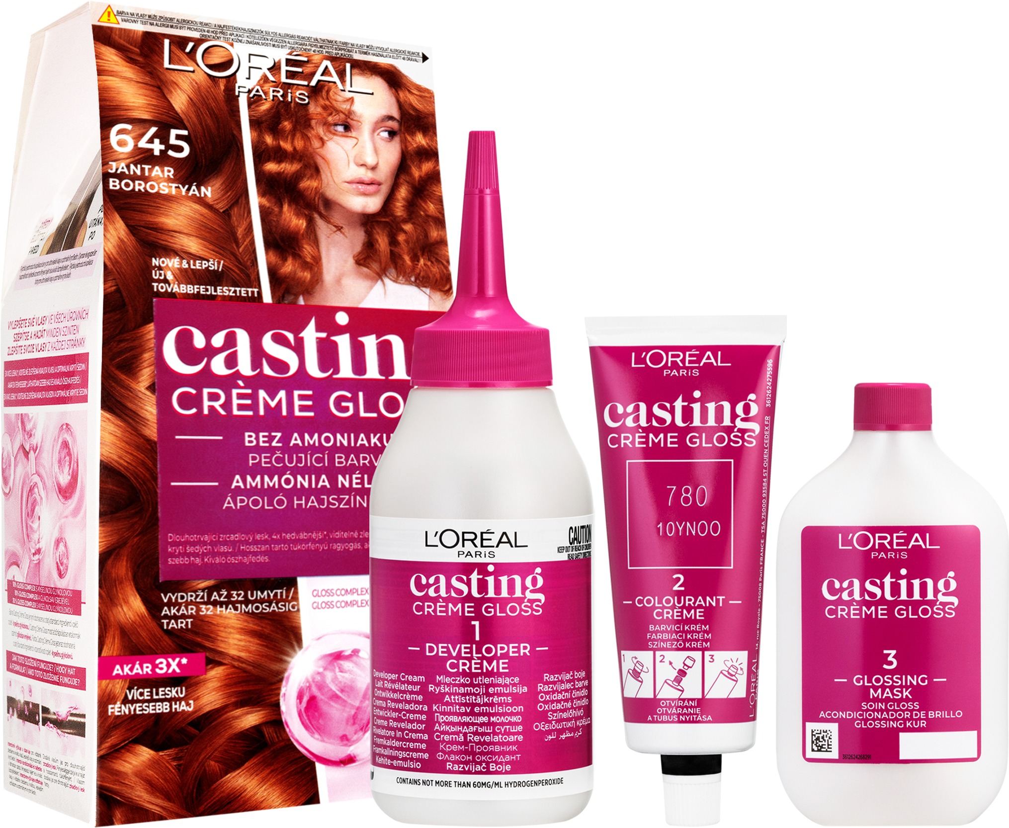 L'ORÉAL PARIS Casting Creme Gloss semipermanentná farba na vlasy 645 jantár, 48 + 72 + 60 ml