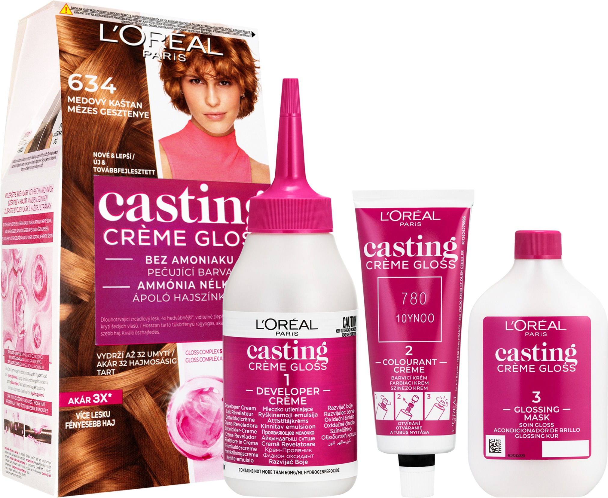 L'ORÉAL PARIS Casting Creme Gloss semipermanentná farba na vlasy 634 medový gaštan, 48 + 72 + 60 ml
