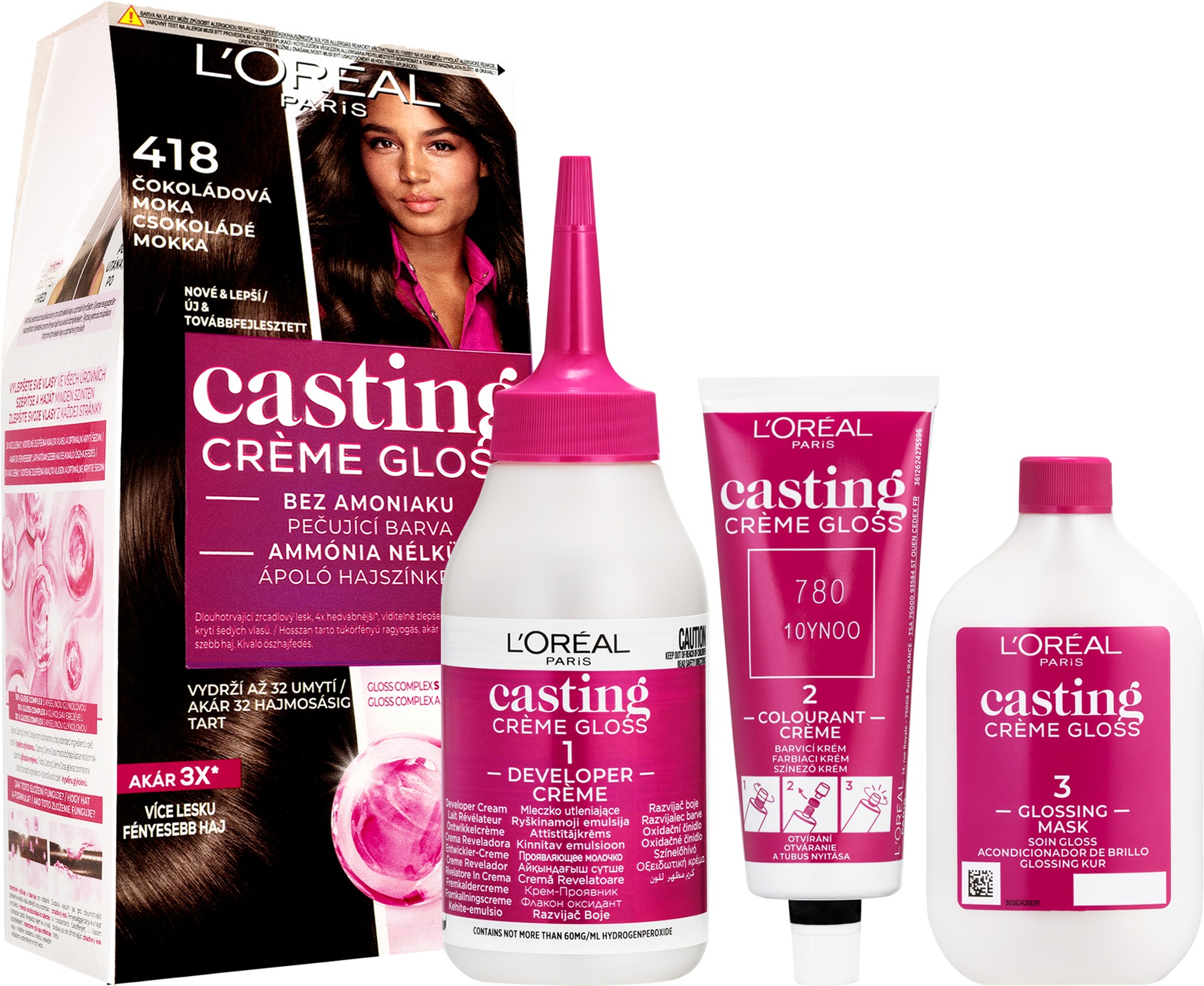 L'ORÉAL PARIS Casting Creme Gloss semipermanentná farba na vlasy 418 čokoládová moka, 48 + 72 + 60 ml