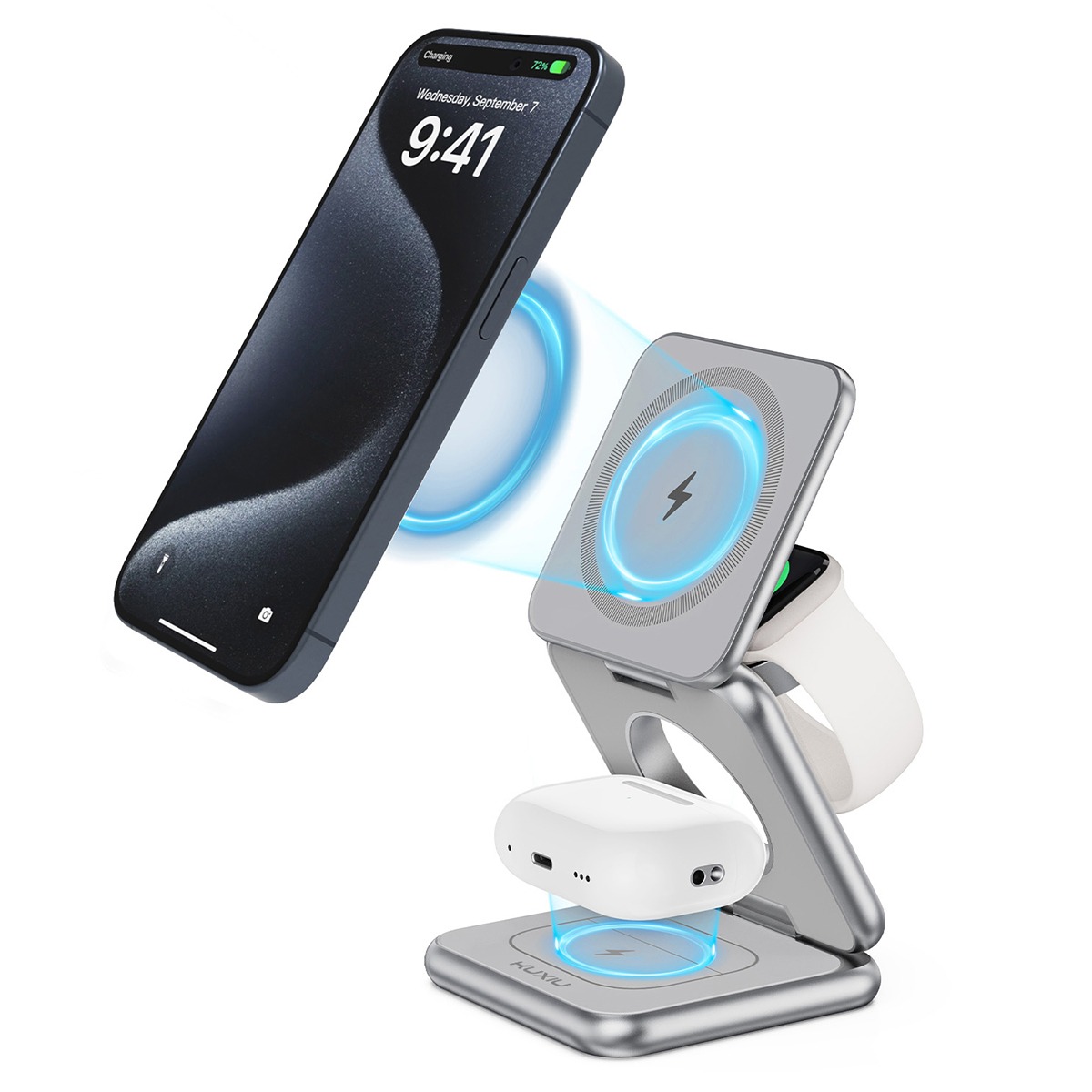 Kuxiu X40 3-in-1 MagSafe Foldable Charging Stand – Silver