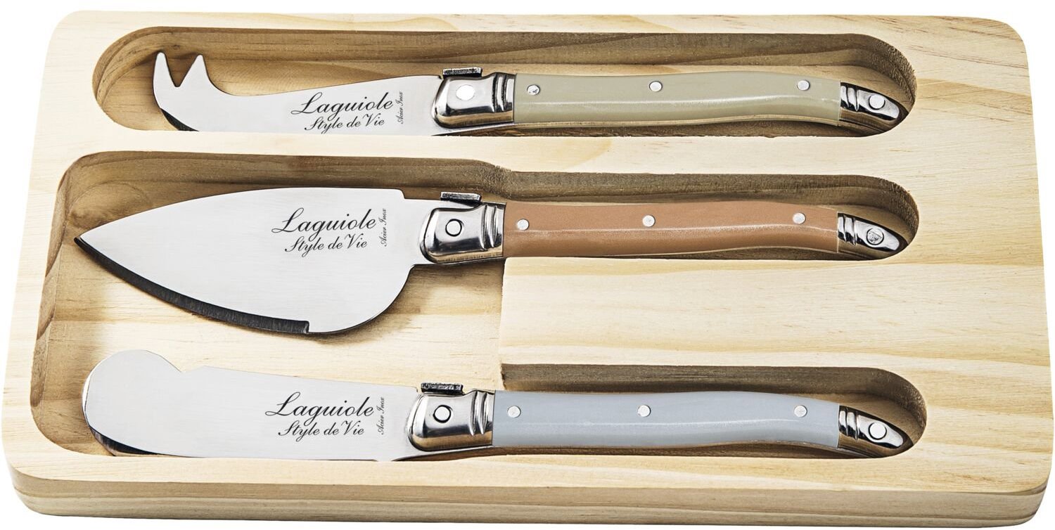 LAGUIOLE Sýrové nože Premium Line Treasure 3 ks, nerez, barevné rukojeti, dřevěný podnos