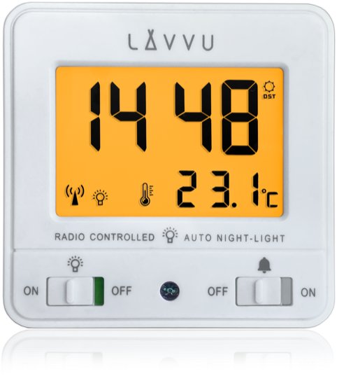 LAVVU Nordlys Digitální budík řízený rádiovým signálem se světelným senzorem, bílý