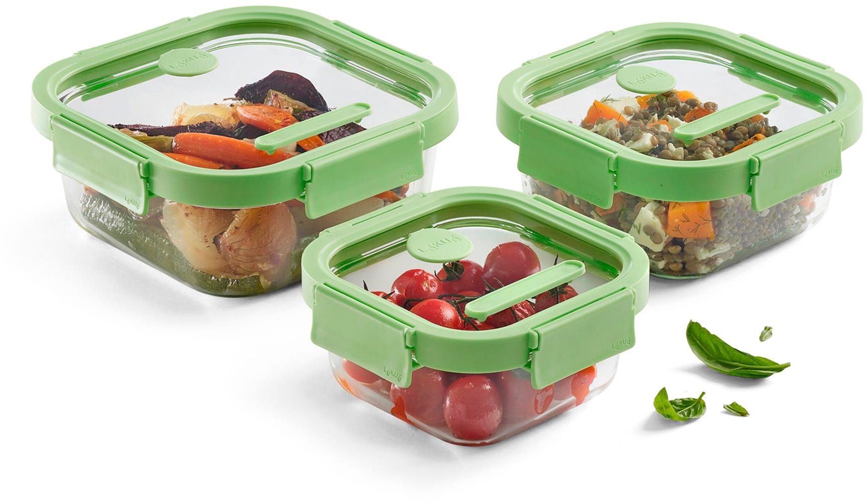 Liekué Súprava sklenených obdĺžnikových dóz na potraviny Square Glass Set, zelená