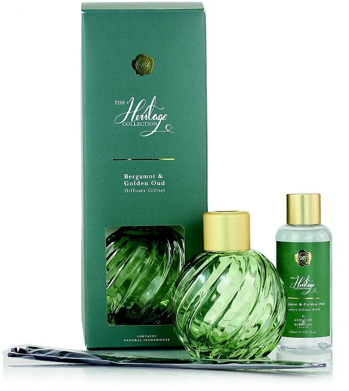 Ashleigh & Burwood Darčeková súprava sklenený GREEN s náplňou BERGAMOT & GOLDEN OUD 150 ml