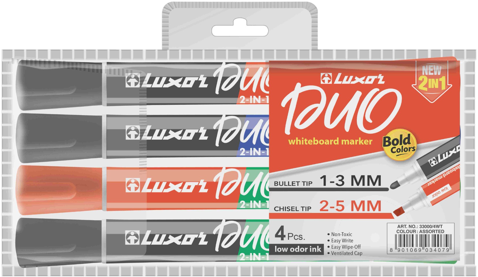 LUXOR Duo Whiteboard marker, obojstranný – súprava 4 ks