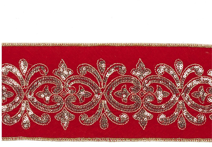 LAALU Stuha – luxusná, zamatová červená s dekorom, 10 cm × 4,5 m