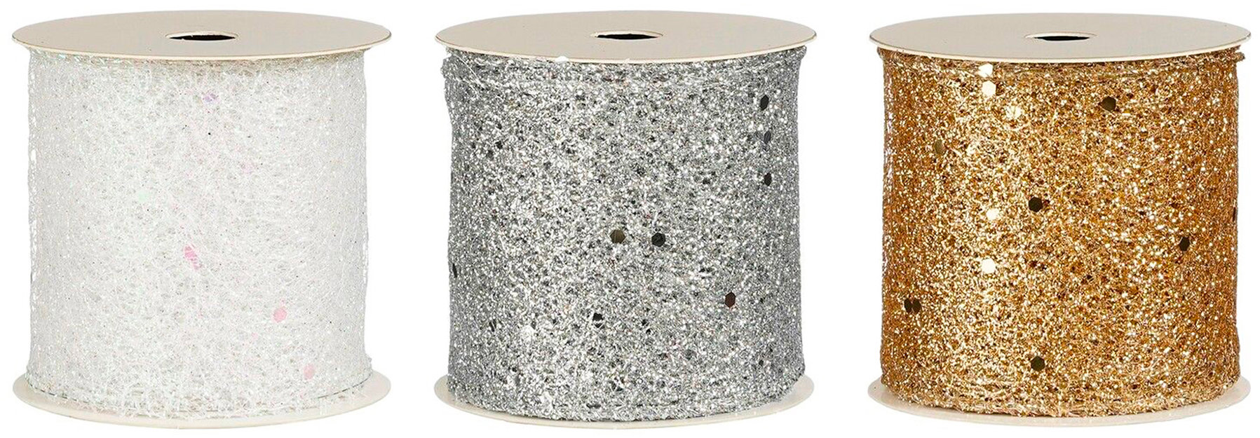LAALU Súprava 3 stúh: Stuhy s glittermi biela, strieborná, champagne 6,5 cm × 270 cm