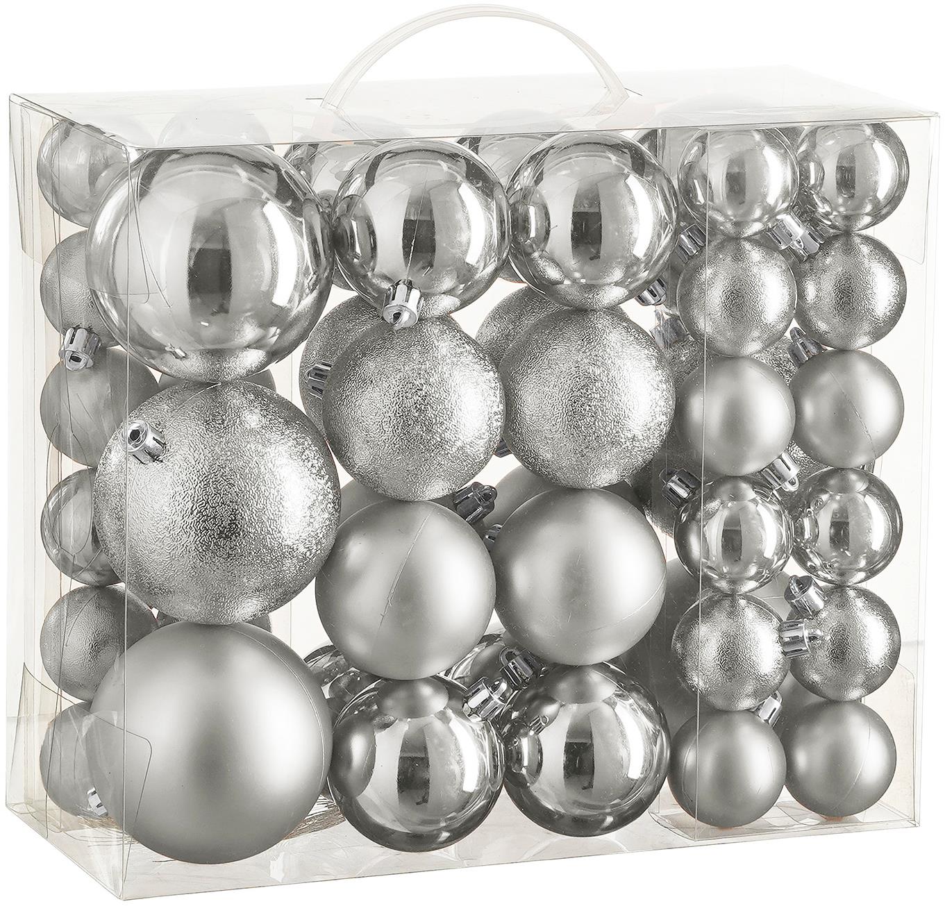 LAALU Sada 46 ks ozdôb: Ozdoby okrúhle strieborné mix 4, 6, 8 cm