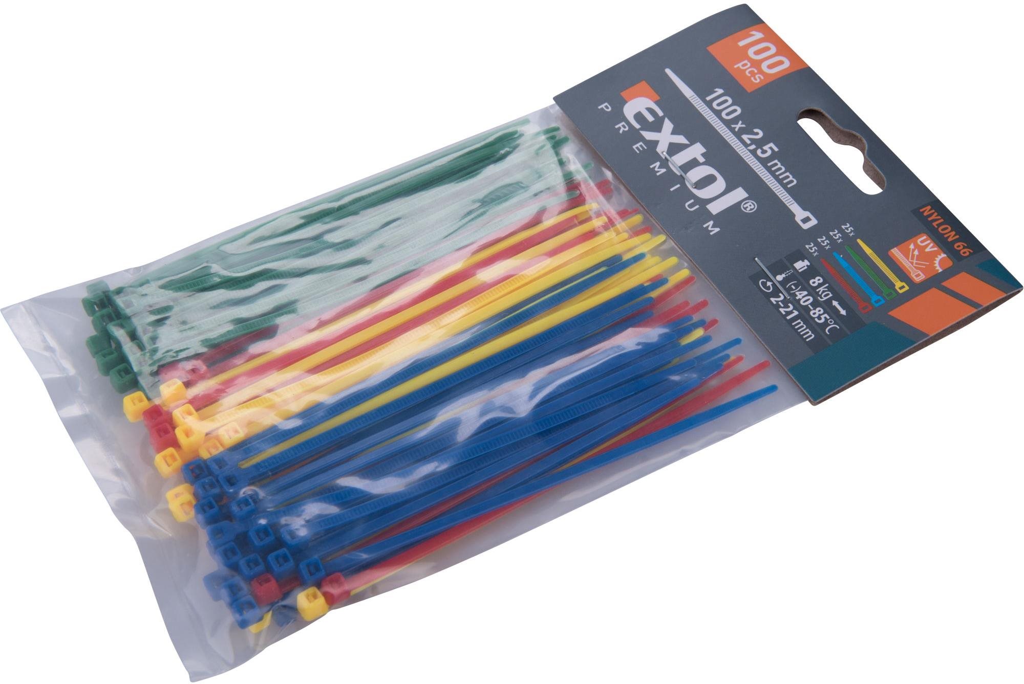 EXTOL PREMIUM pásky sťahovacie farebné, 100 × 2,5 mm, 100 ks, (4× 25 ks), 4 farby, nylon PA66, 8856192