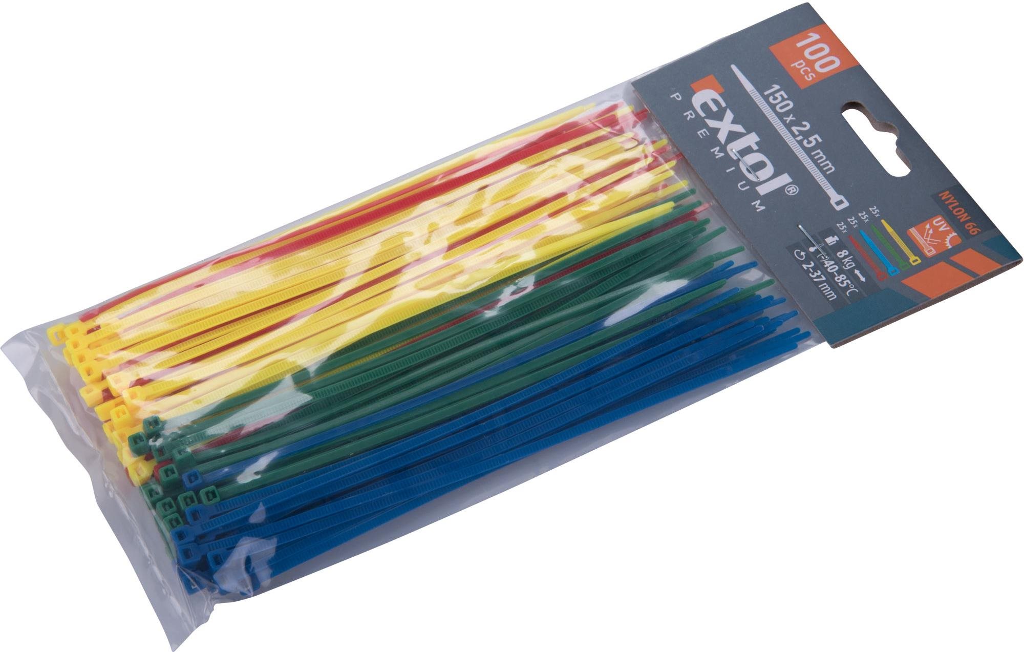 EXTOL PREMIUM pásky sťahovacie farebné, 150 × 2,5 mm, 100 ks, (4× 25 ks), 4 farby, nylon PA66, 8856194