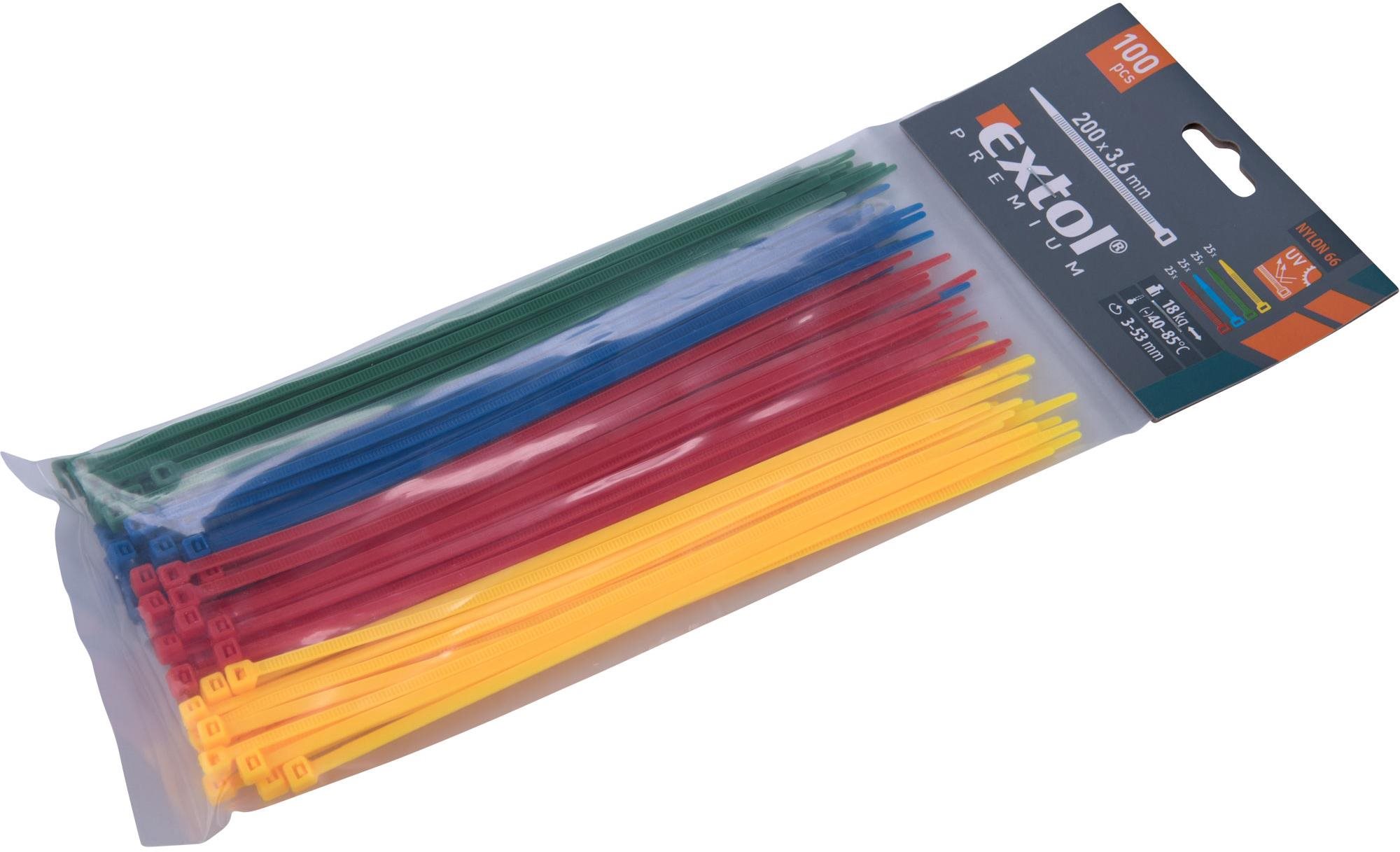 EXTOL PREMIUM pásky sťahovacie farebné, 200 × 3,6 mm, 100 ks, (4× 25 ks), 4 farby, nylon PA66, 8856196