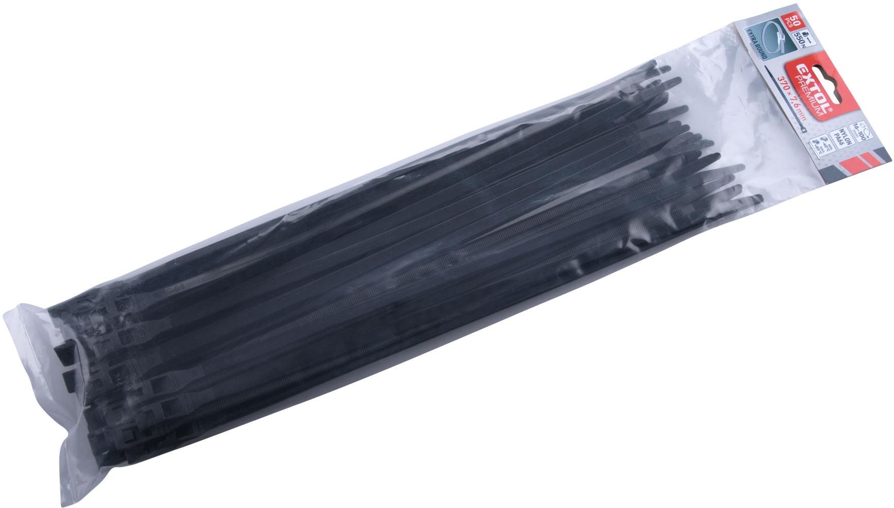 EXTOL PREMIUM pásky sťahovacie na káble EXTRA, čierne, 370 × 7,6 mm, 50 ks, nylon PA66, 8856238